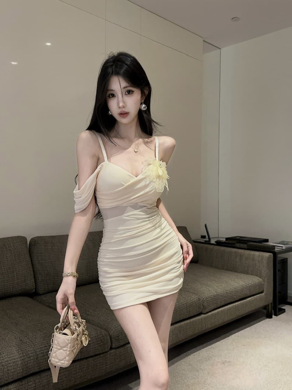 실사 꽃 패치워크 쇼트 스타일 망사 슬립 드레스 있음 가슴 패드 상세 이미지 5