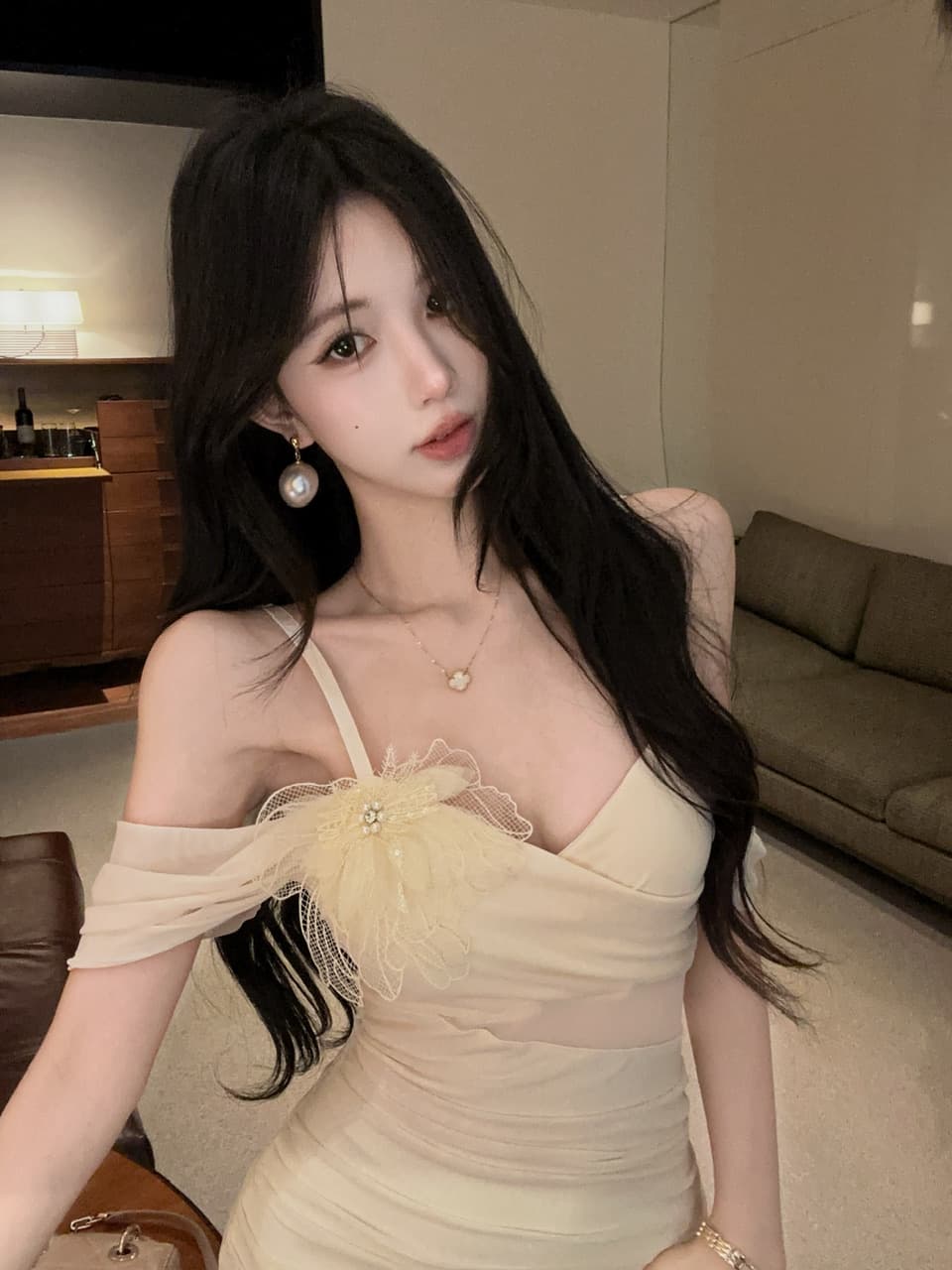 실사 꽃 패치워크 쇼트 스타일 망사 슬립 드레스 있음 가슴 패드 상세 이미지 10