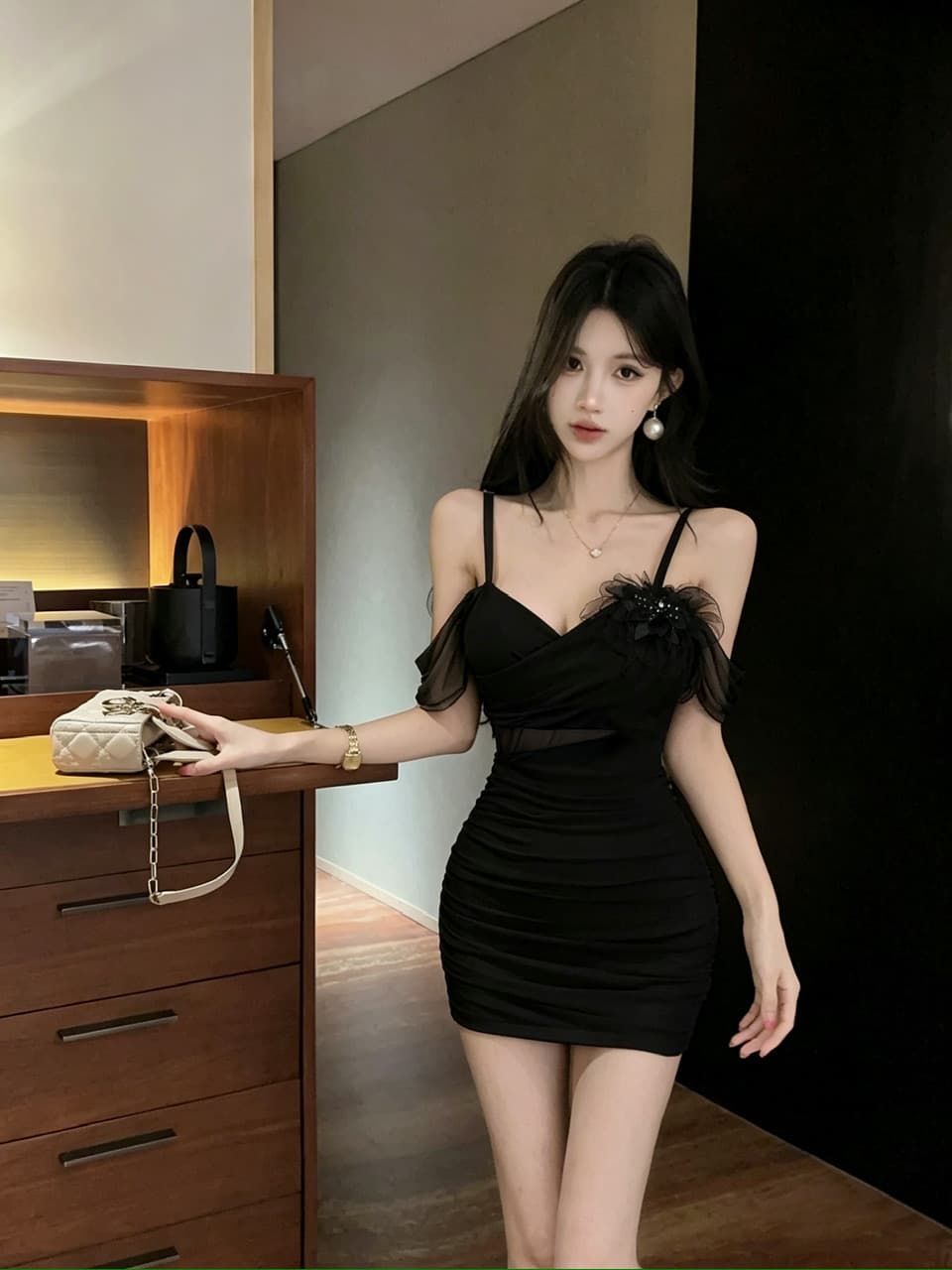 실사 꽃 패치워크 쇼트 스타일 망사 슬립 드레스 있음 가슴 패드 상세 이미지 18