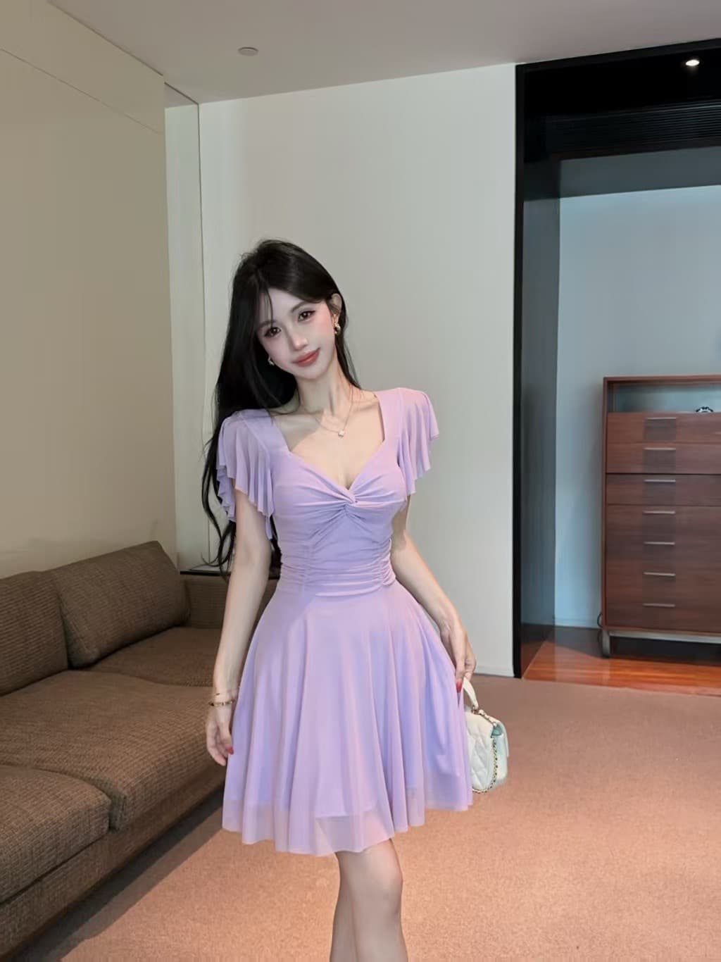 실사 망사 반팔 허리 수축 큰 진자 드레스 상세 이미지 2