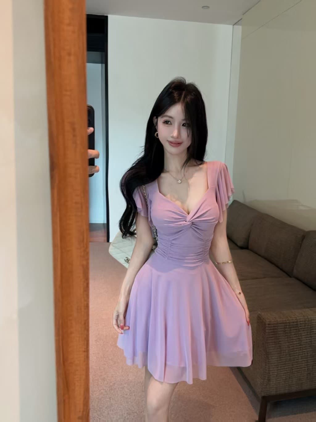 실사 망사 반팔 허리 수축 큰 진자 드레스 상세 이미지 6