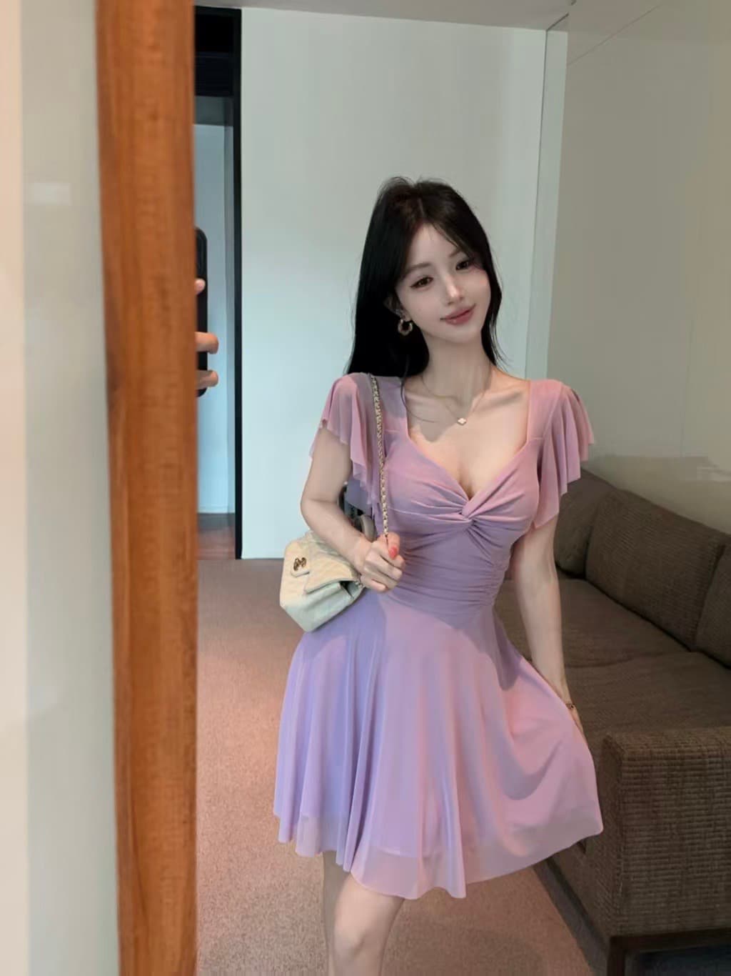 실사 망사 반팔 허리 수축 큰 진자 드레스 상세 이미지 8
