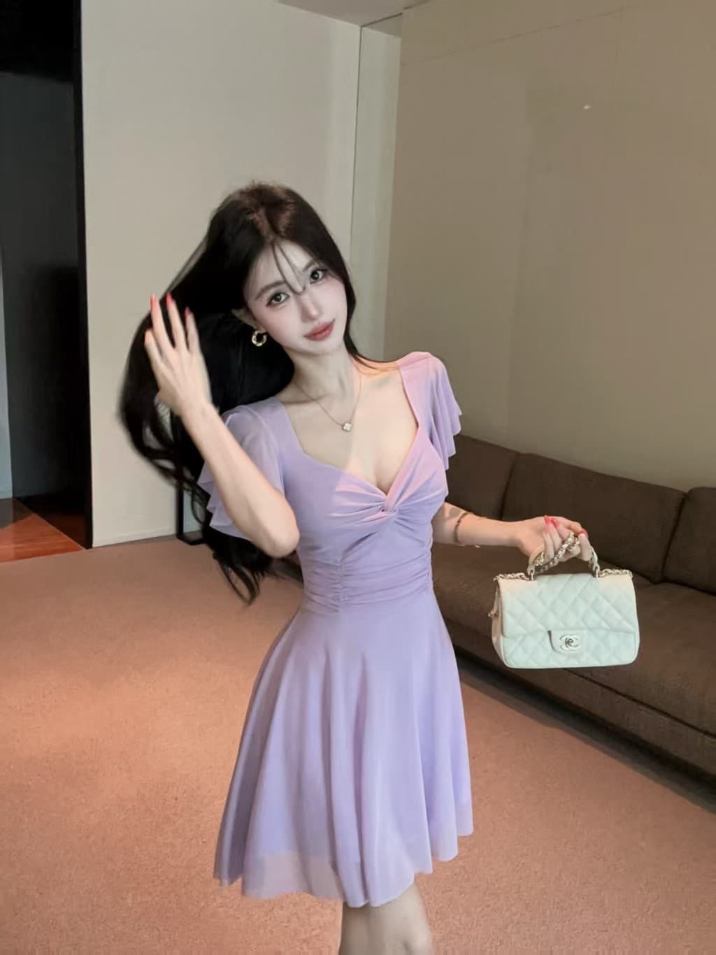 실사 망사 반팔 허리 수축 큰 진자 드레스 상세 이미지 9
