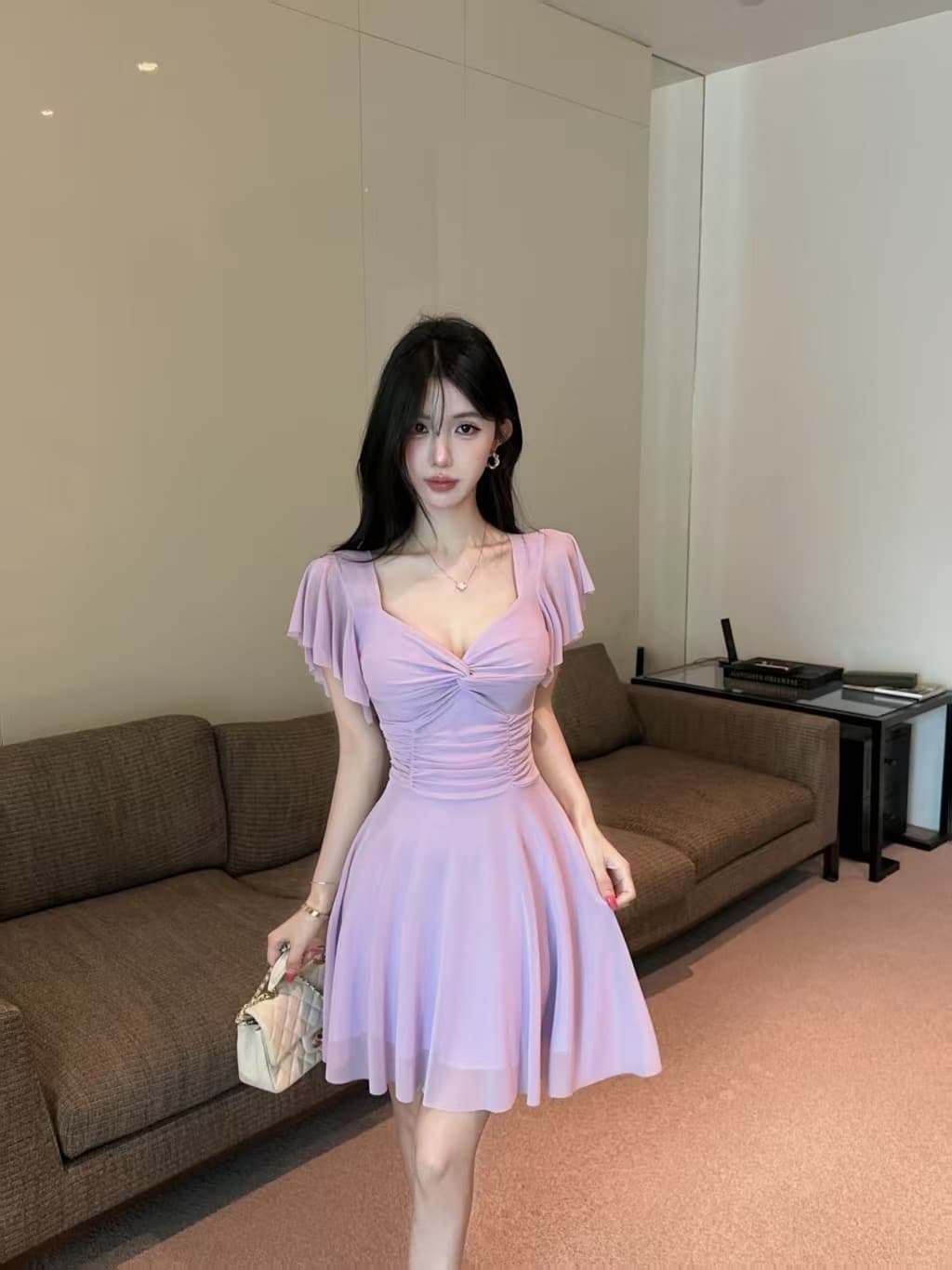 실사 망사 반팔 허리 수축 큰 진자 드레스 상세 이미지 13