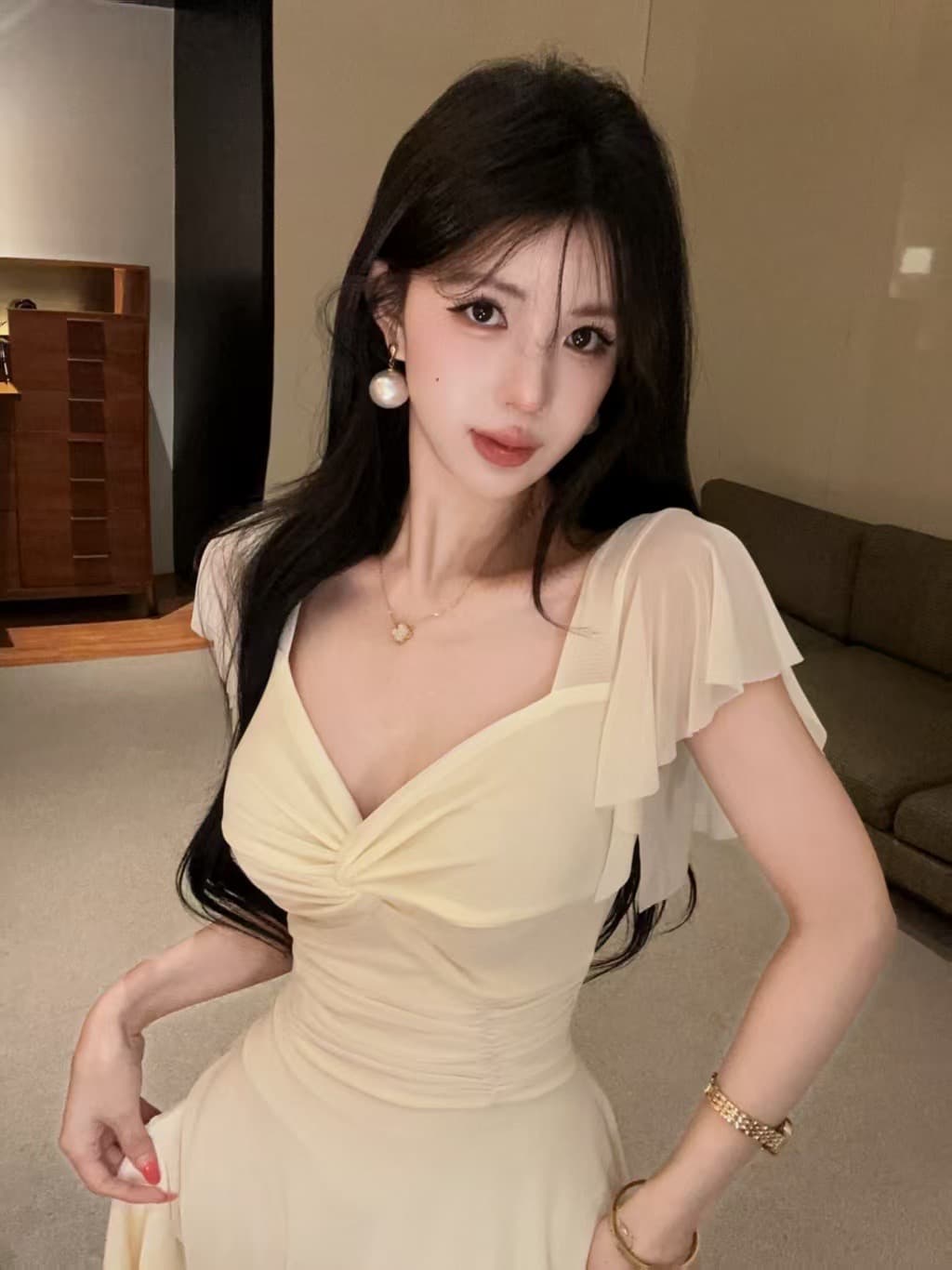 실사 망사 반팔 허리 수축 큰 진자 드레스 상세 이미지 18