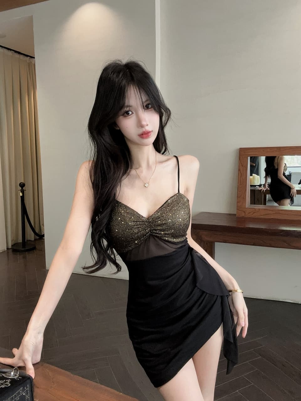 실사 망사 패치워크 배색 술 만나는 쇼트 스타일 슬립 드레스 상세 이미지 22