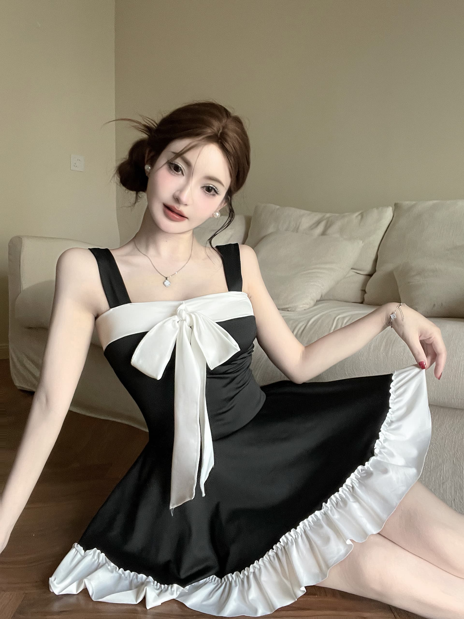 실사 패치워크 색상 허리 수축 큰 진자 조끼 원피스 상세 이미지 2
