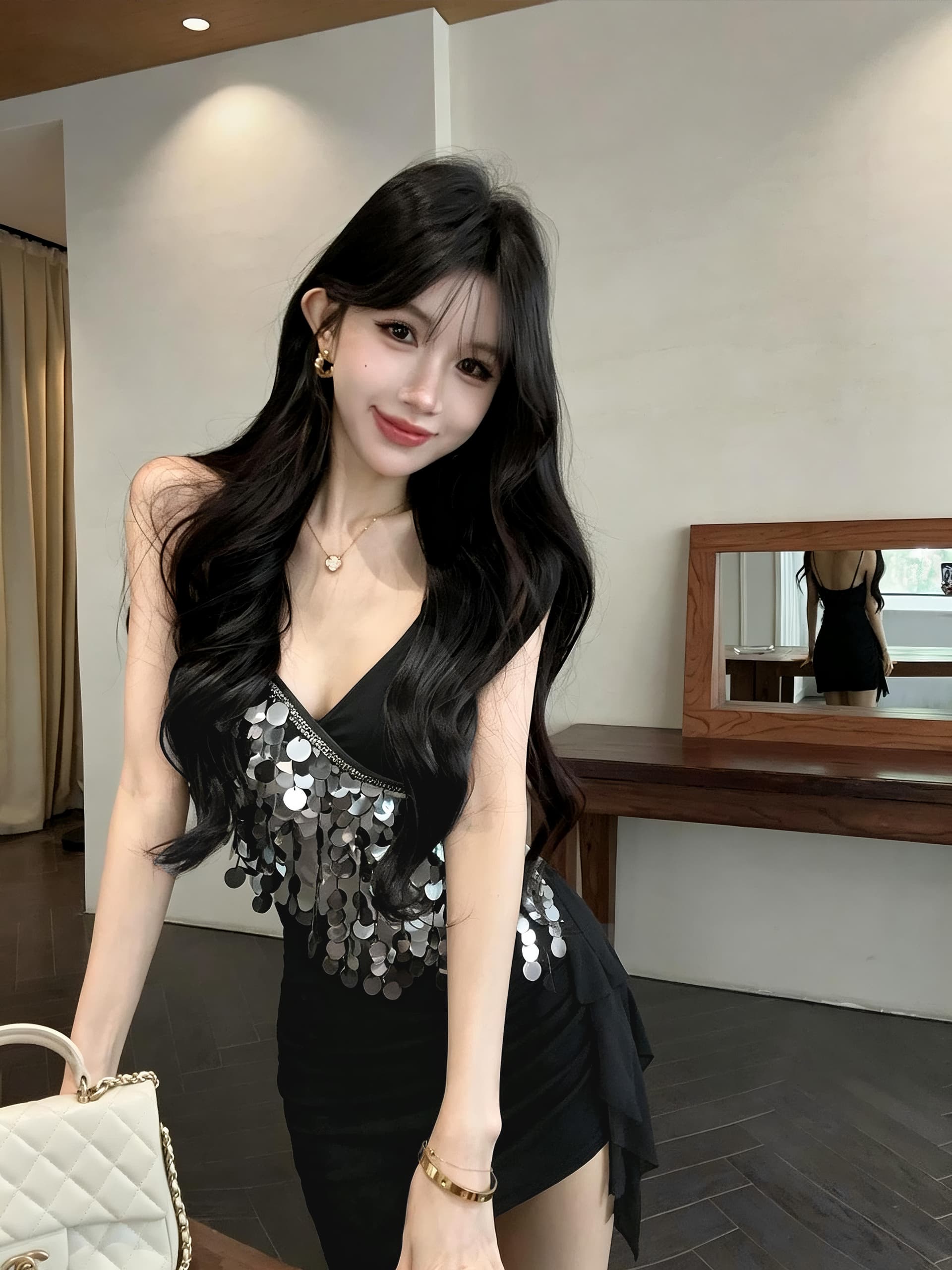 실사 망사 패치워크 스팽글 술 드레스 쇼트 스타일 타이트 스커트 상세 이미지 6