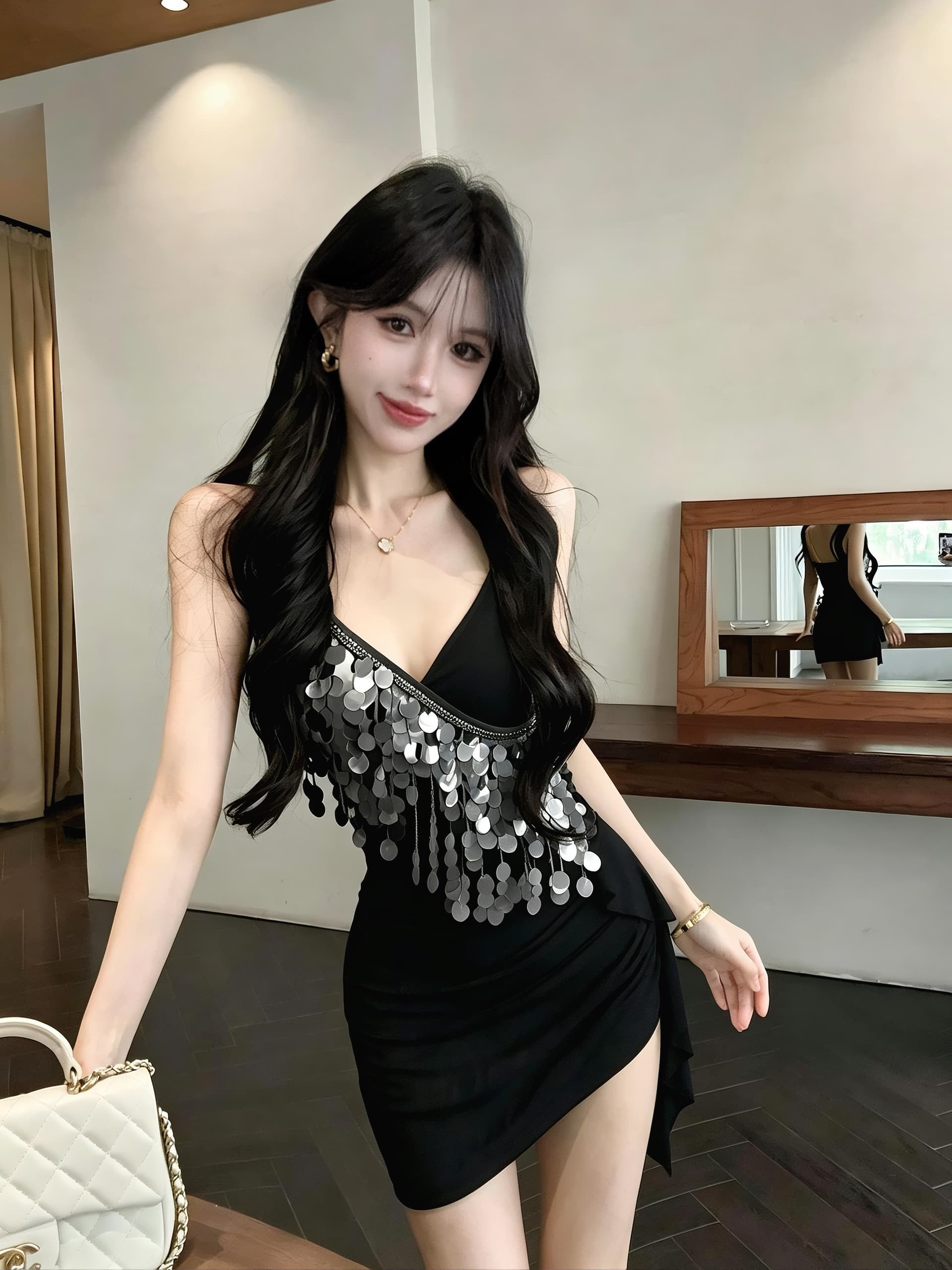 실사 망사 패치워크 스팽글 술 드레스 쇼트 스타일 타이트 스커트 상세 이미지 7
