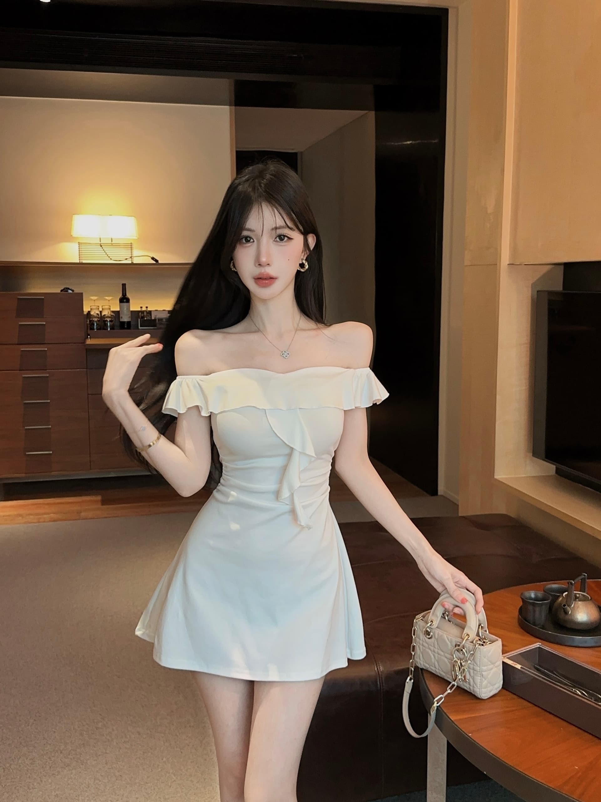 실사 신축성 오프숄더 보트넥 면 소재 타이트 타이트 스커트 드레스 상세 이미지 2