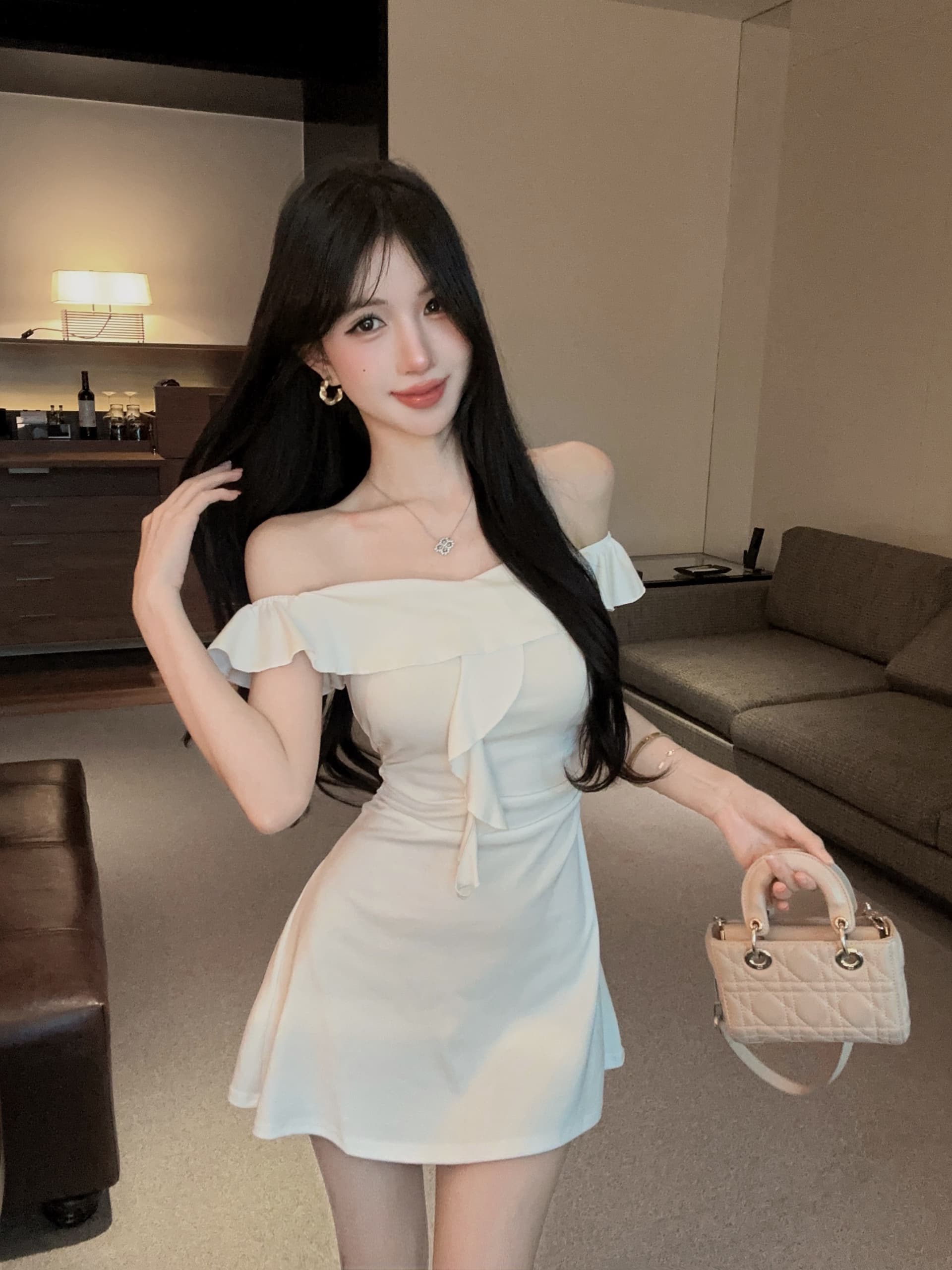 실사 신축성 오프숄더 보트넥 면 소재 타이트 타이트 스커트 드레스 상세 이미지 3