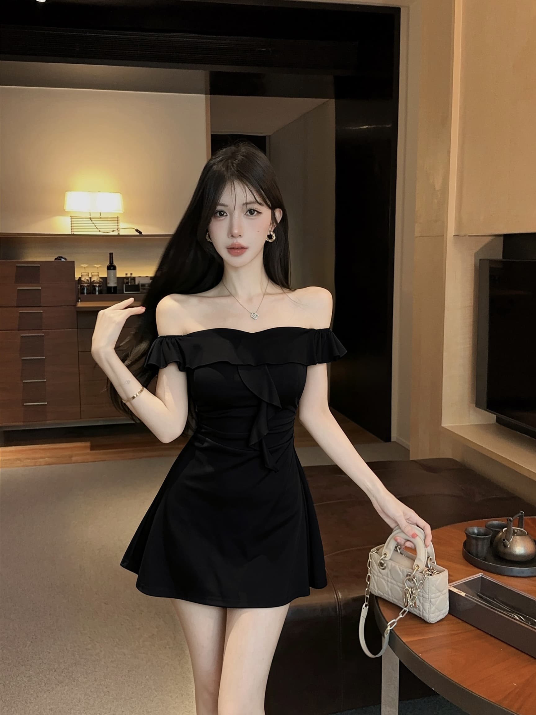 실사 신축성 오프숄더 보트넥 면 소재 타이트 타이트 스커트 드레스 상세 이미지 6