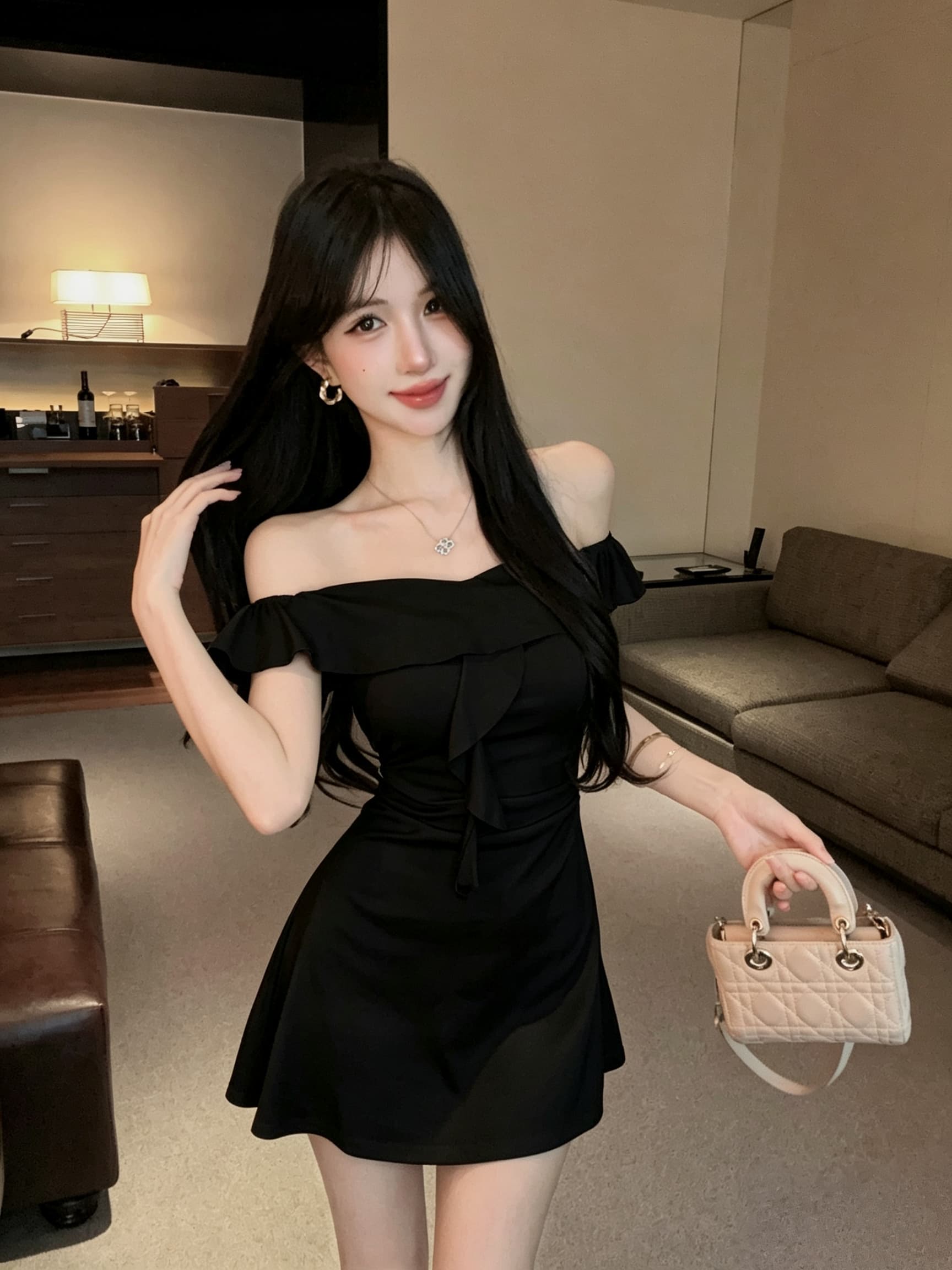 실사 신축성 오프숄더 보트넥 면 소재 타이트 타이트 스커트 드레스 상세 이미지 9