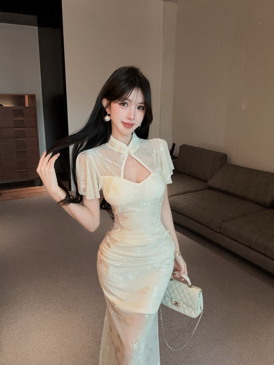 실사 롱 코트 레이스 Feifei 소매 개선 치파오 드레스 상세 이미지 4