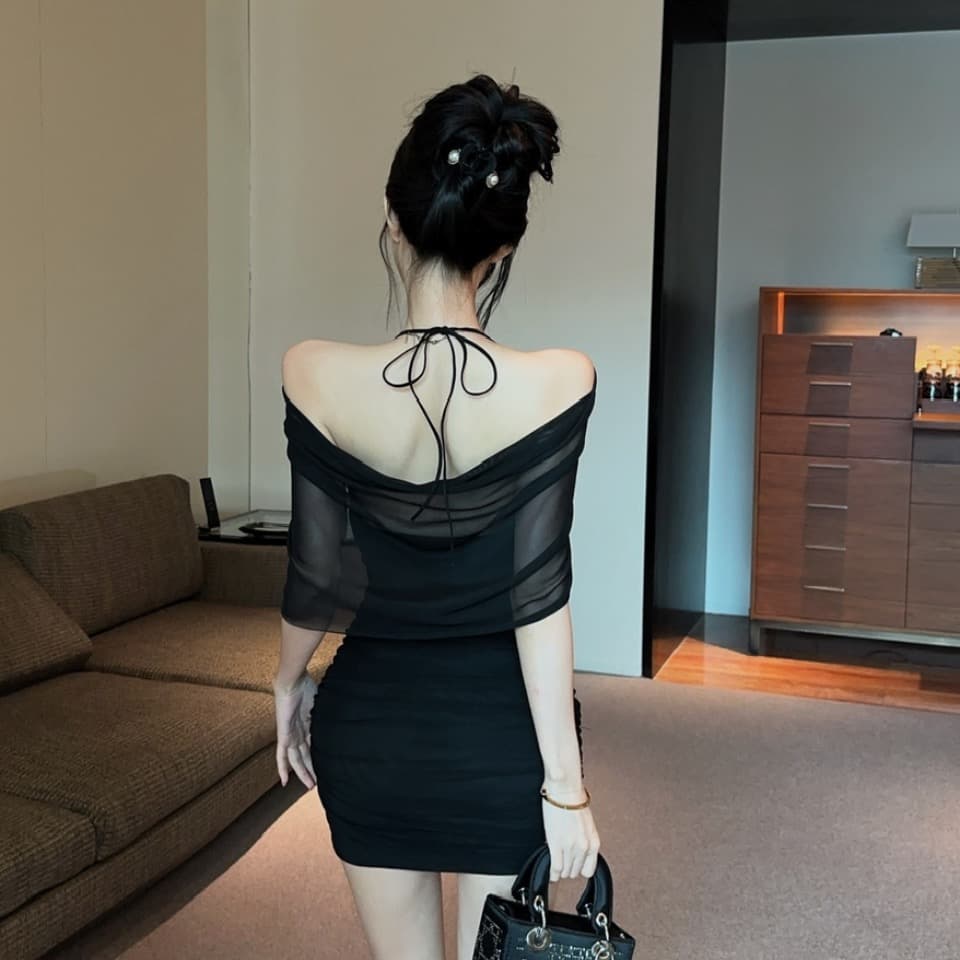실사 망사 스트랩 타이트 스커트 쇼트 스타일 페이크 레이어드 드레스 이미지 2