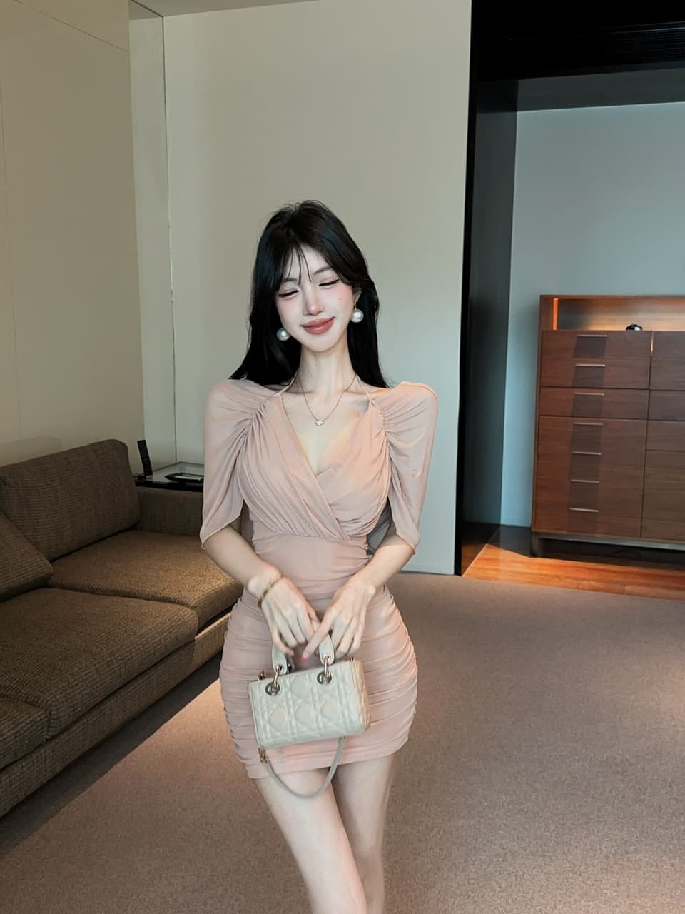 실사 망사 스트랩 타이트 스커트 쇼트 스타일 페이크 레이어드 드레스 상세 이미지 3
