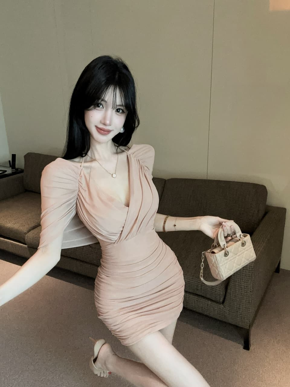 실사 망사 스트랩 타이트 스커트 쇼트 스타일 페이크 레이어드 드레스 상세 이미지 4
