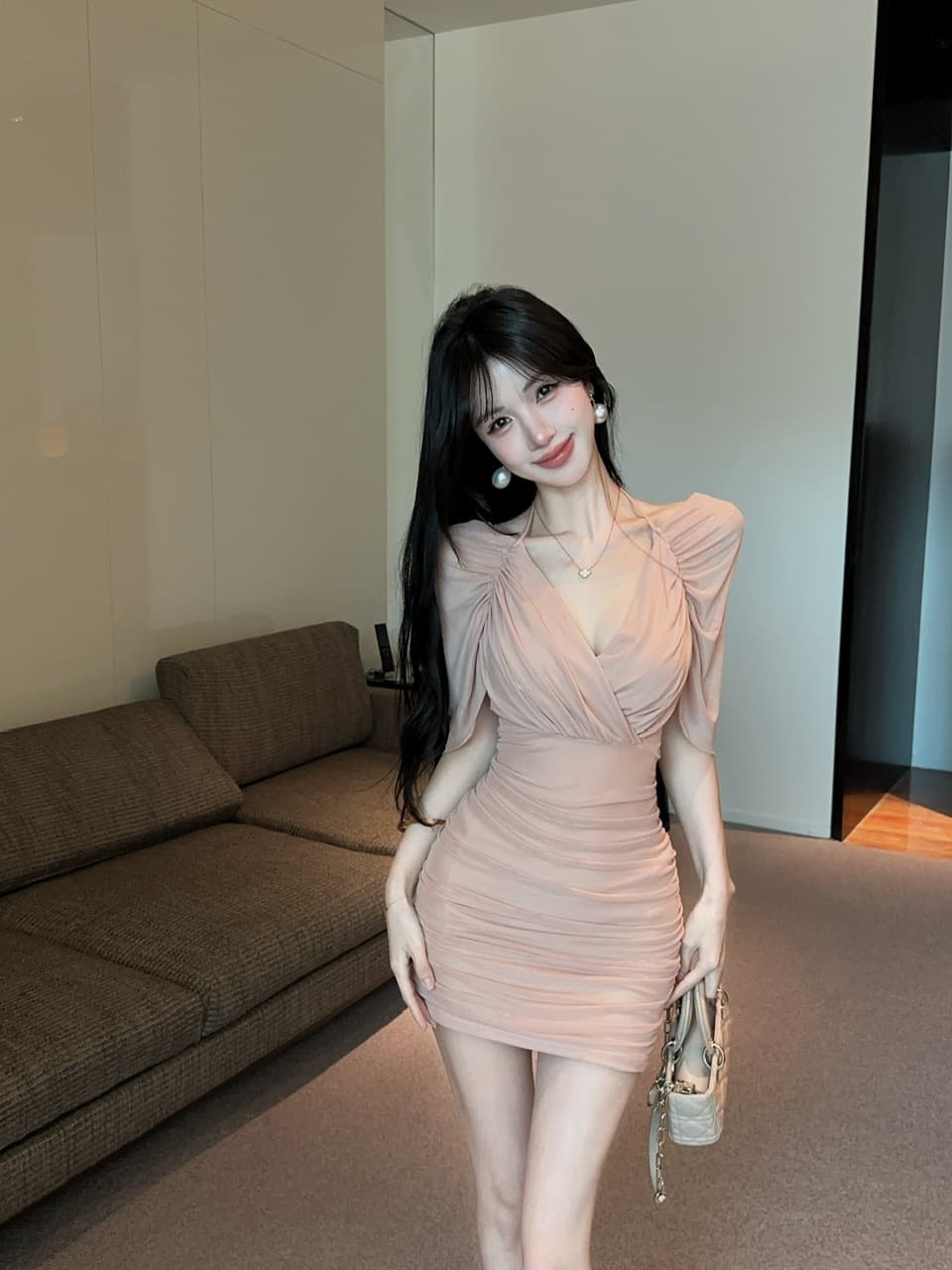 실사 망사 스트랩 타이트 스커트 쇼트 스타일 페이크 레이어드 드레스 상세 이미지 5