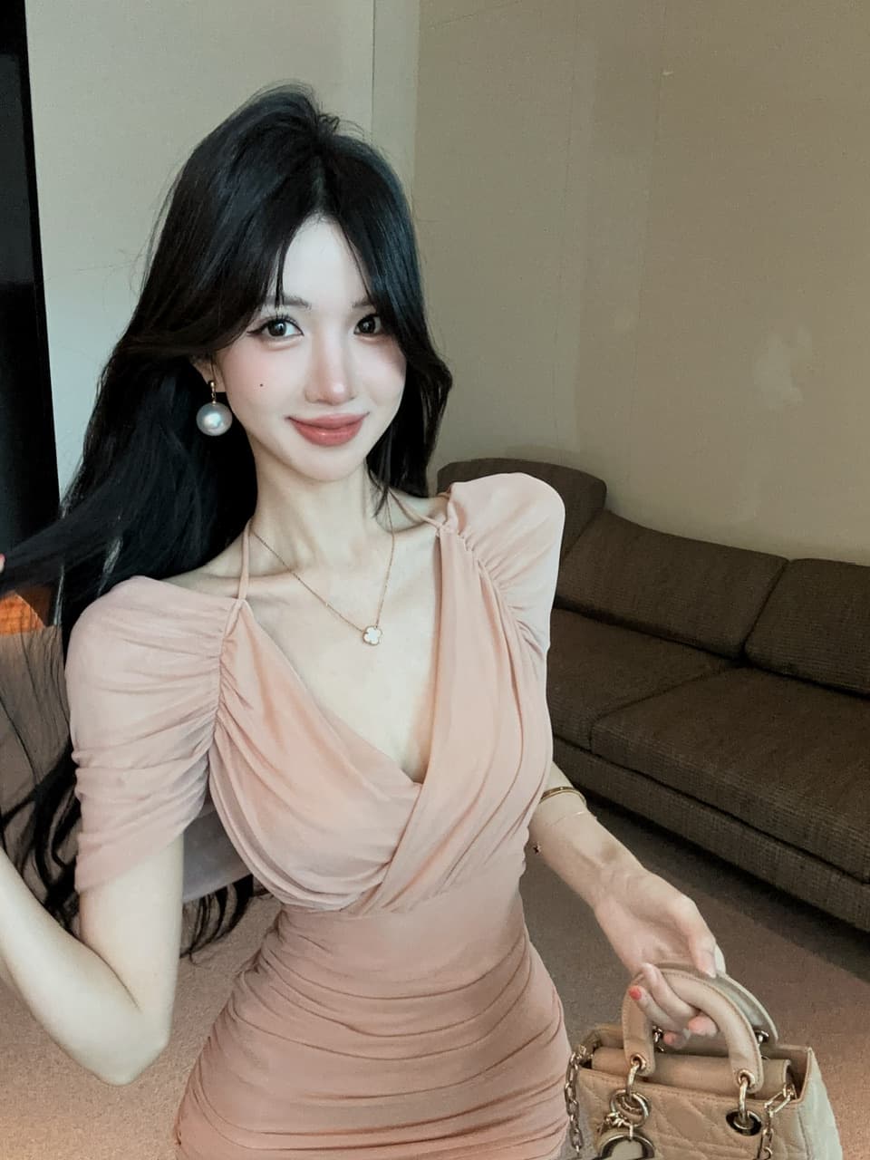 실사 망사 스트랩 타이트 스커트 쇼트 스타일 페이크 레이어드 드레스 상세 이미지 7