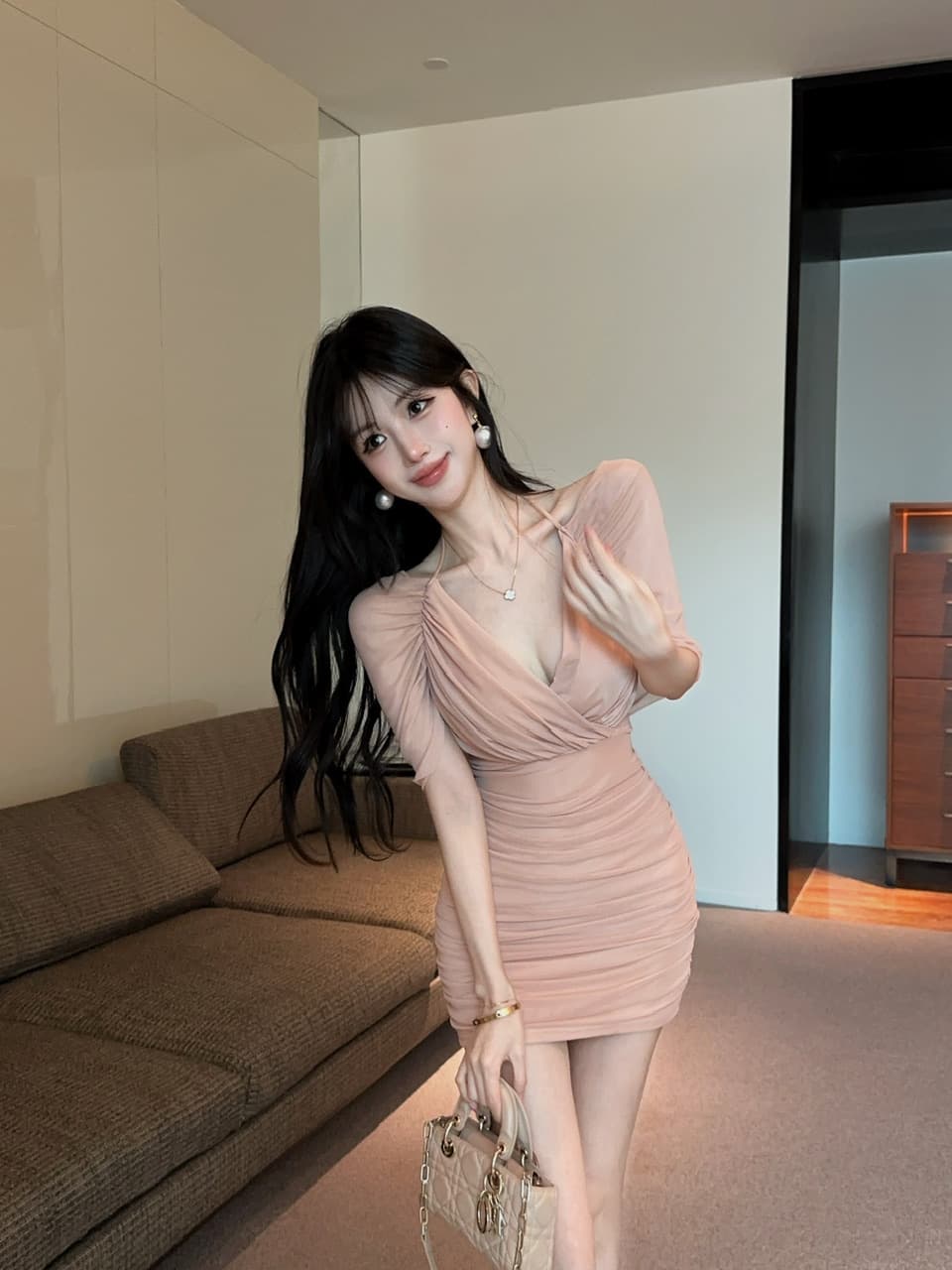 실사 망사 스트랩 타이트 스커트 쇼트 스타일 페이크 레이어드 드레스 상세 이미지 9