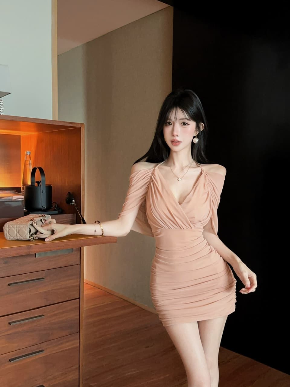 실사 망사 스트랩 타이트 스커트 쇼트 스타일 페이크 레이어드 드레스 상세 이미지 15