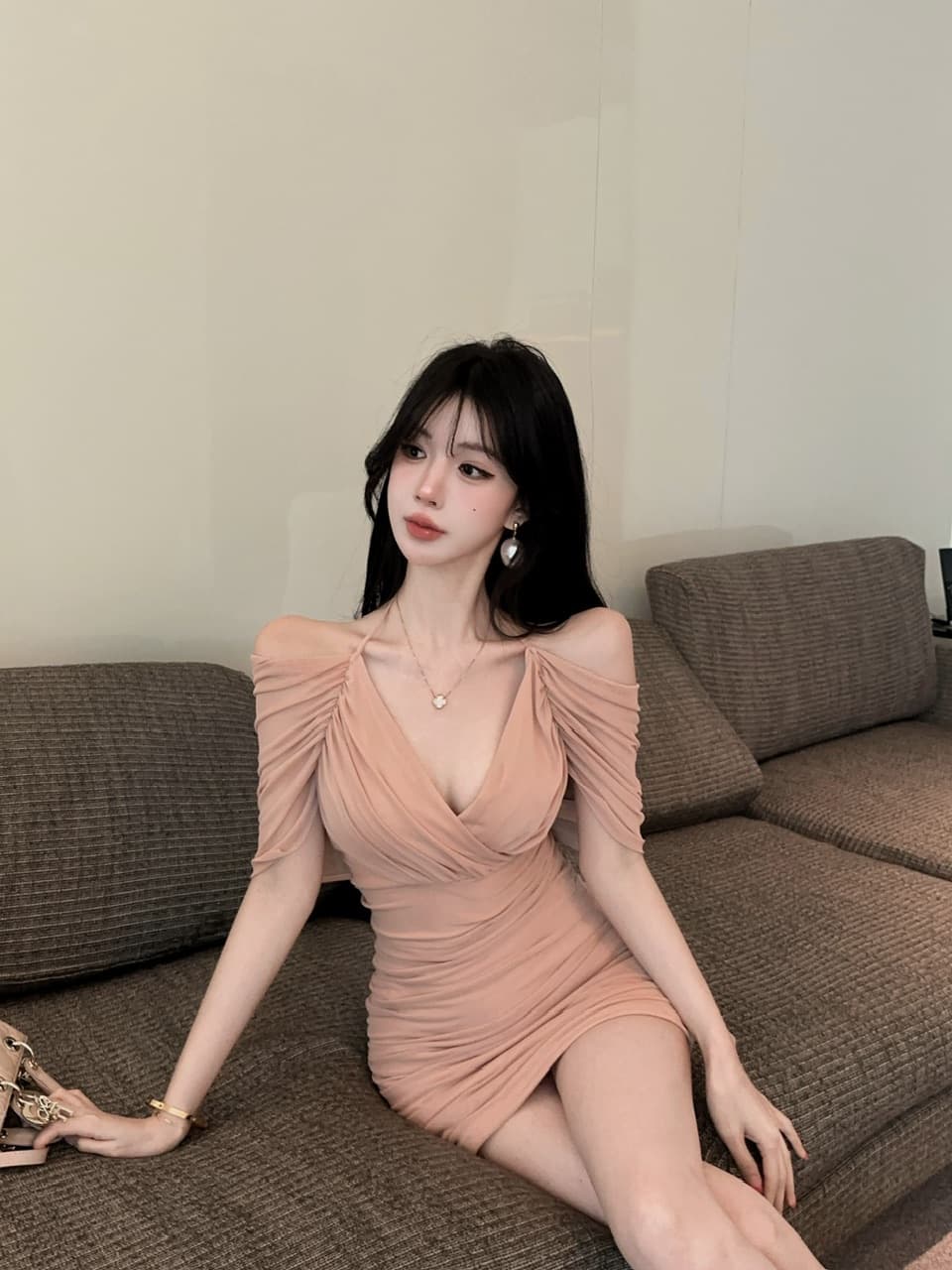 실사 망사 스트랩 타이트 스커트 쇼트 스타일 페이크 레이어드 드레스 상세 이미지 16