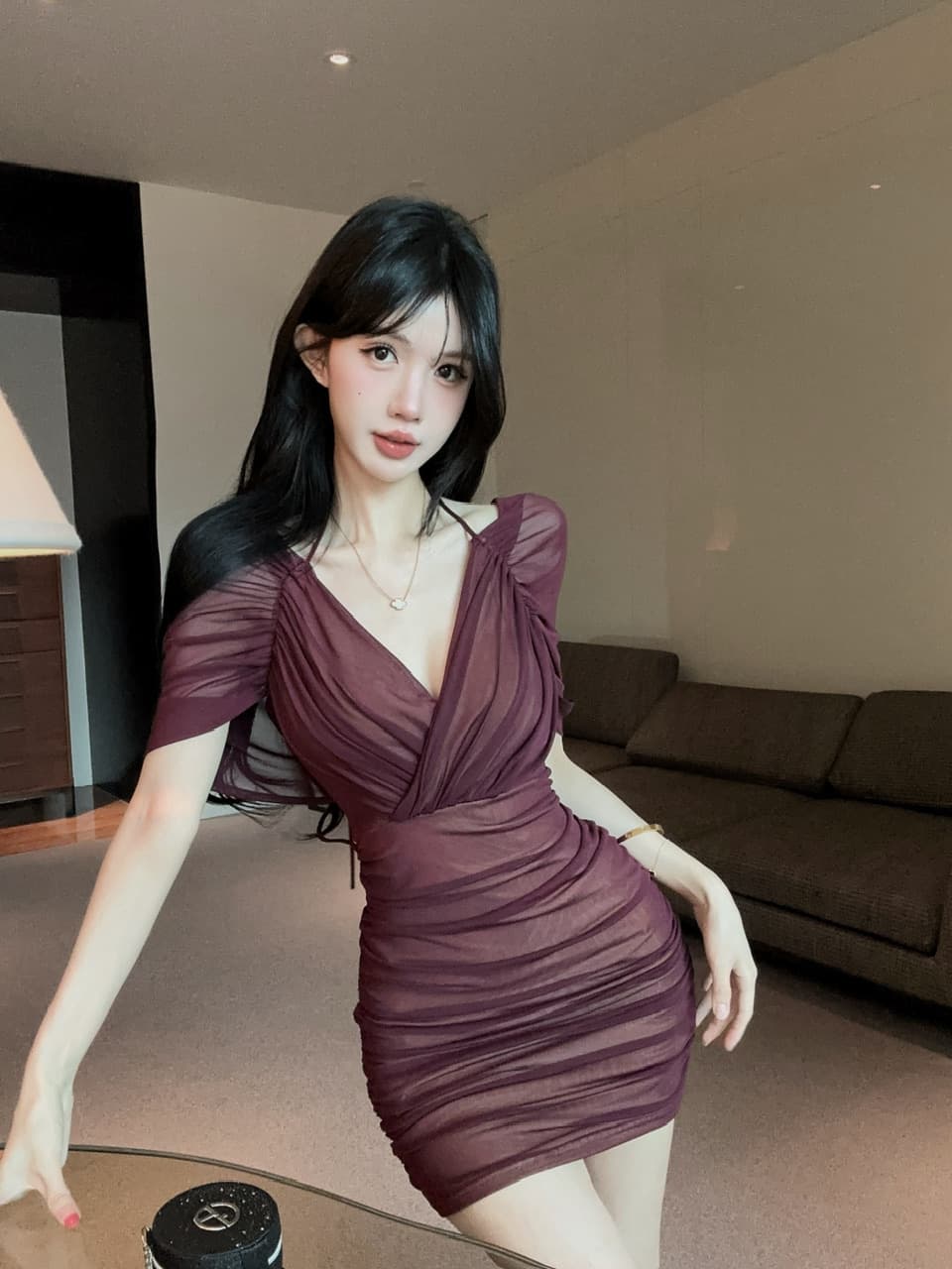 실사 망사 스트랩 타이트 스커트 쇼트 스타일 페이크 레이어드 드레스 상세 이미지 17