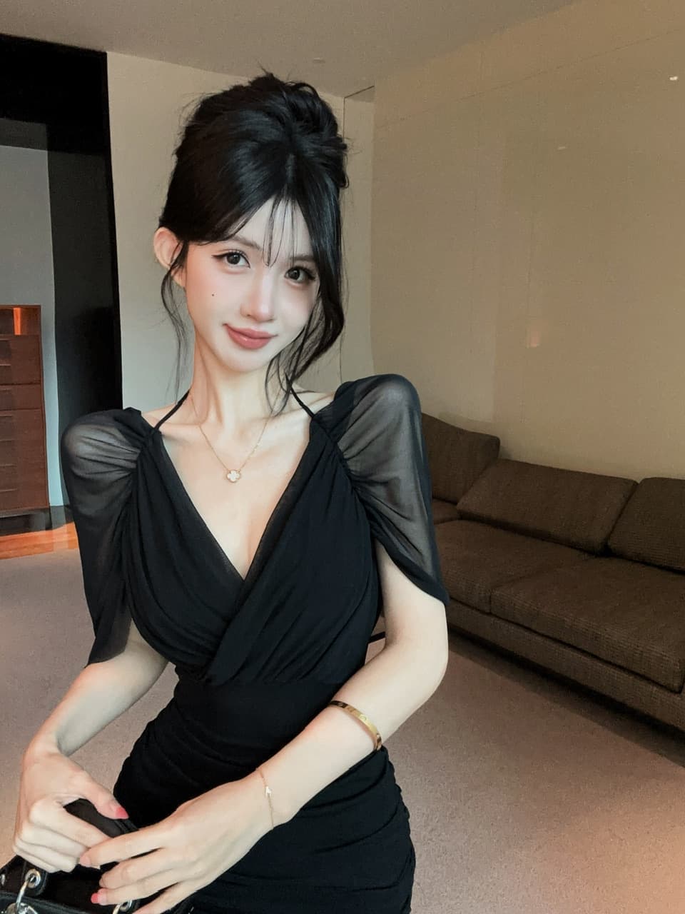 실사 망사 스트랩 타이트 스커트 쇼트 스타일 페이크 레이어드 드레스 상세 이미지 20