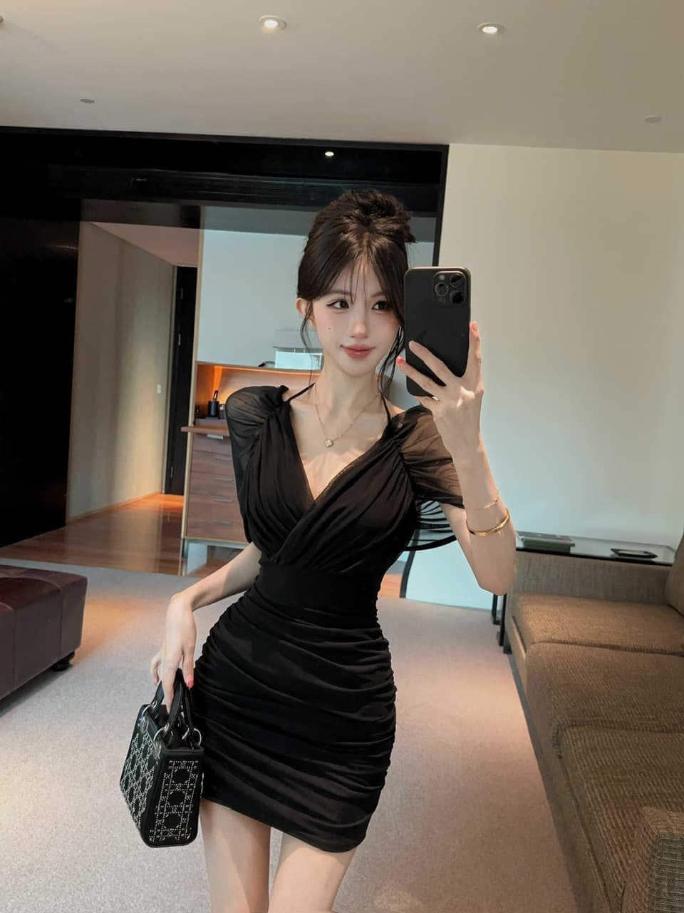 실사 망사 스트랩 타이트 스커트 쇼트 스타일 페이크 레이어드 드레스 상세 이미지 21