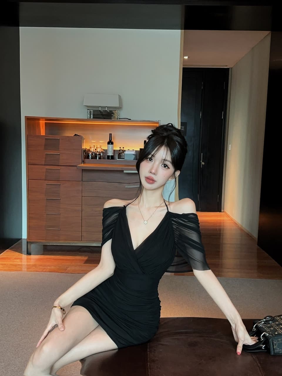 실사 망사 스트랩 타이트 스커트 쇼트 스타일 페이크 레이어드 드레스 상세 이미지 27