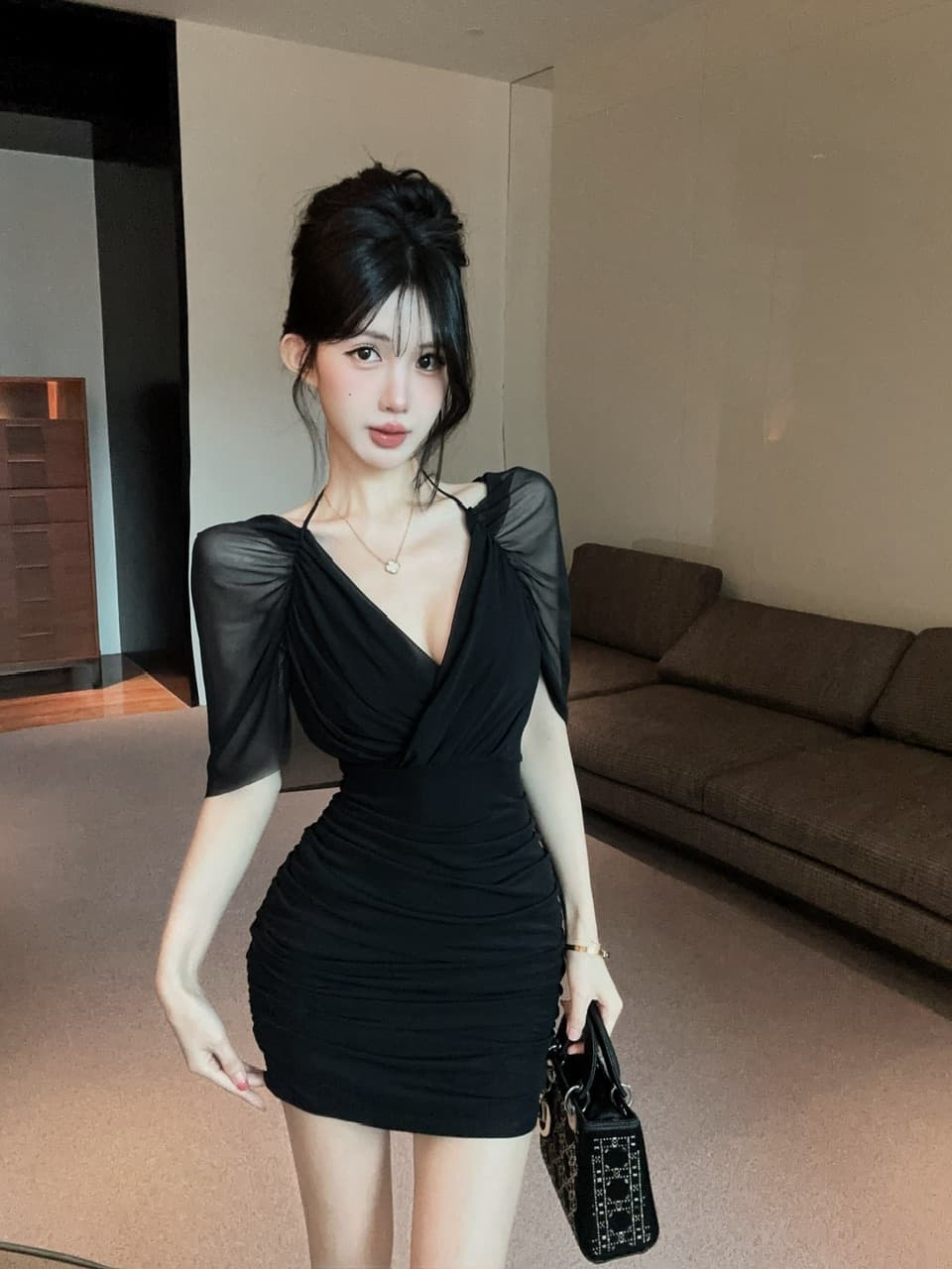 실사 망사 스트랩 타이트 스커트 쇼트 스타일 페이크 레이어드 드레스 상세 이미지 28