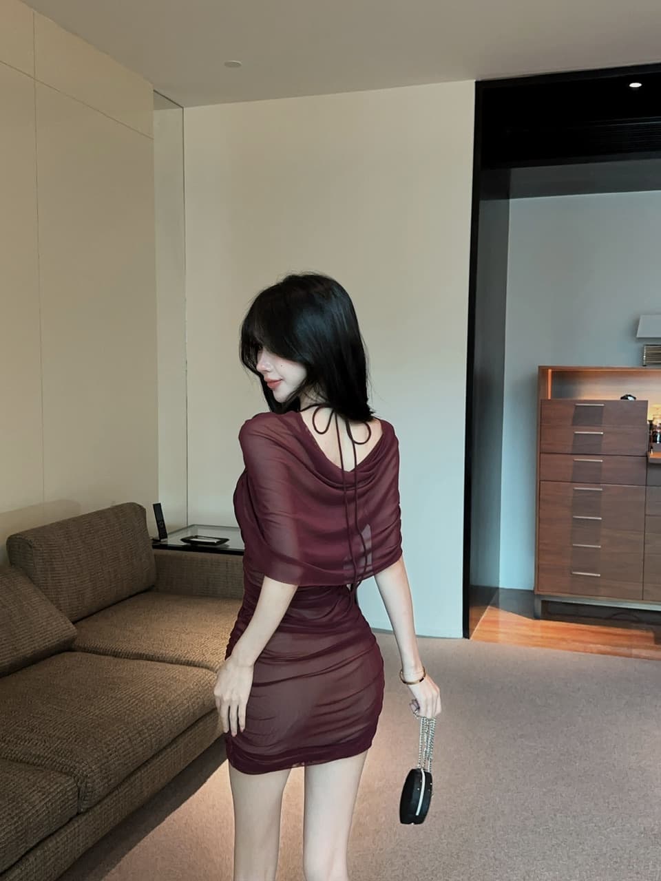실사 망사 스트랩 타이트 스커트 쇼트 스타일 페이크 레이어드 드레스 상세 이미지 34