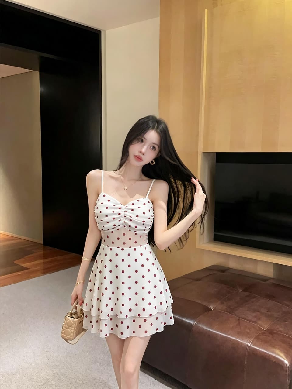 실사 쇼트 스타일 도트 무늬 망사 슬립 드레스 상세 이미지 3