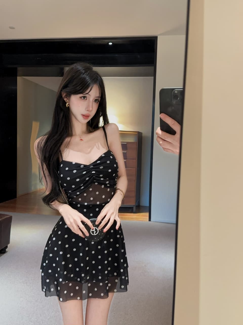 실사 쇼트 스타일 도트 무늬 망사 슬립 드레스 상세 이미지 10