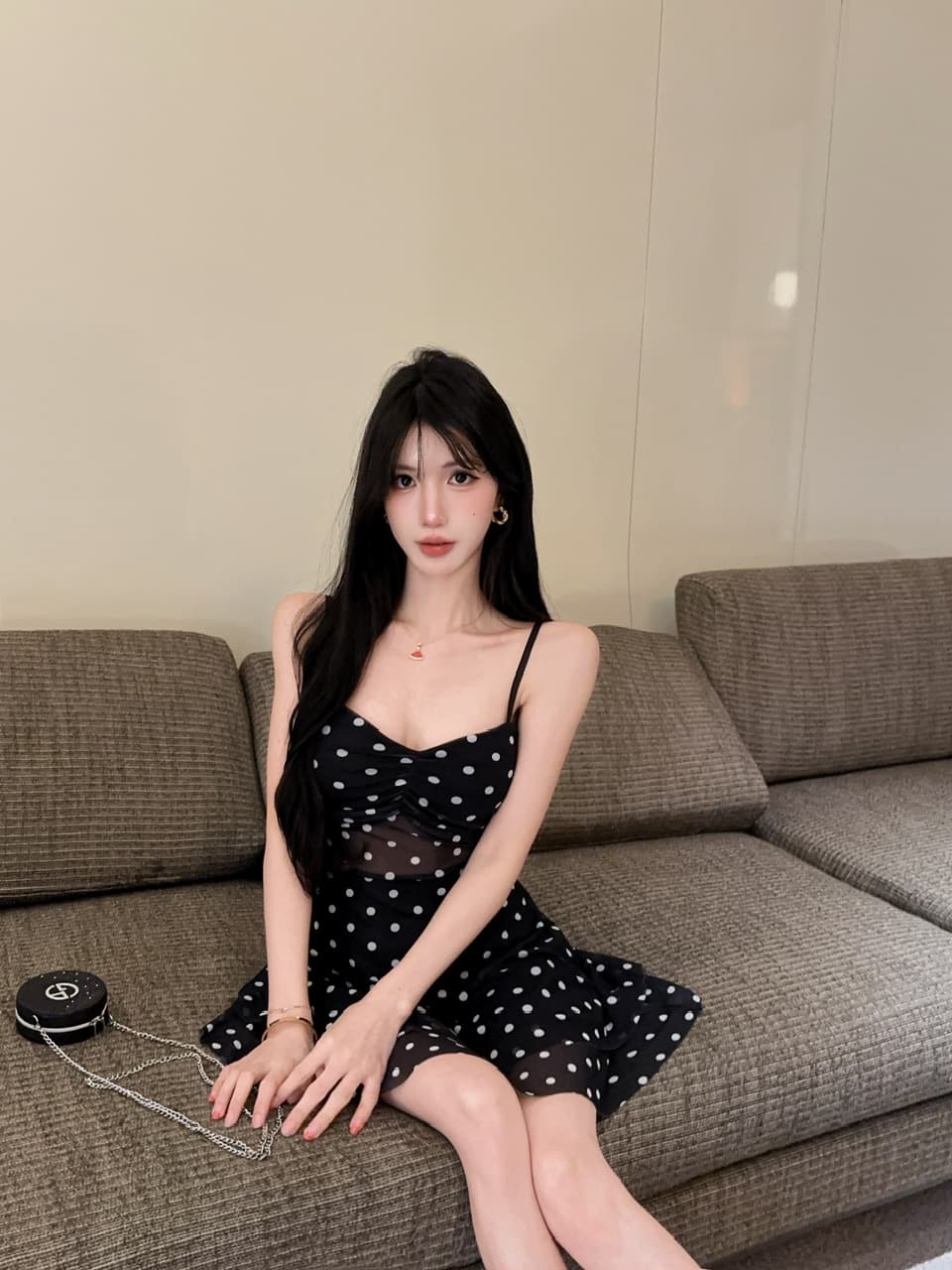 실사 쇼트 스타일 도트 무늬 망사 슬립 드레스 상세 이미지 12