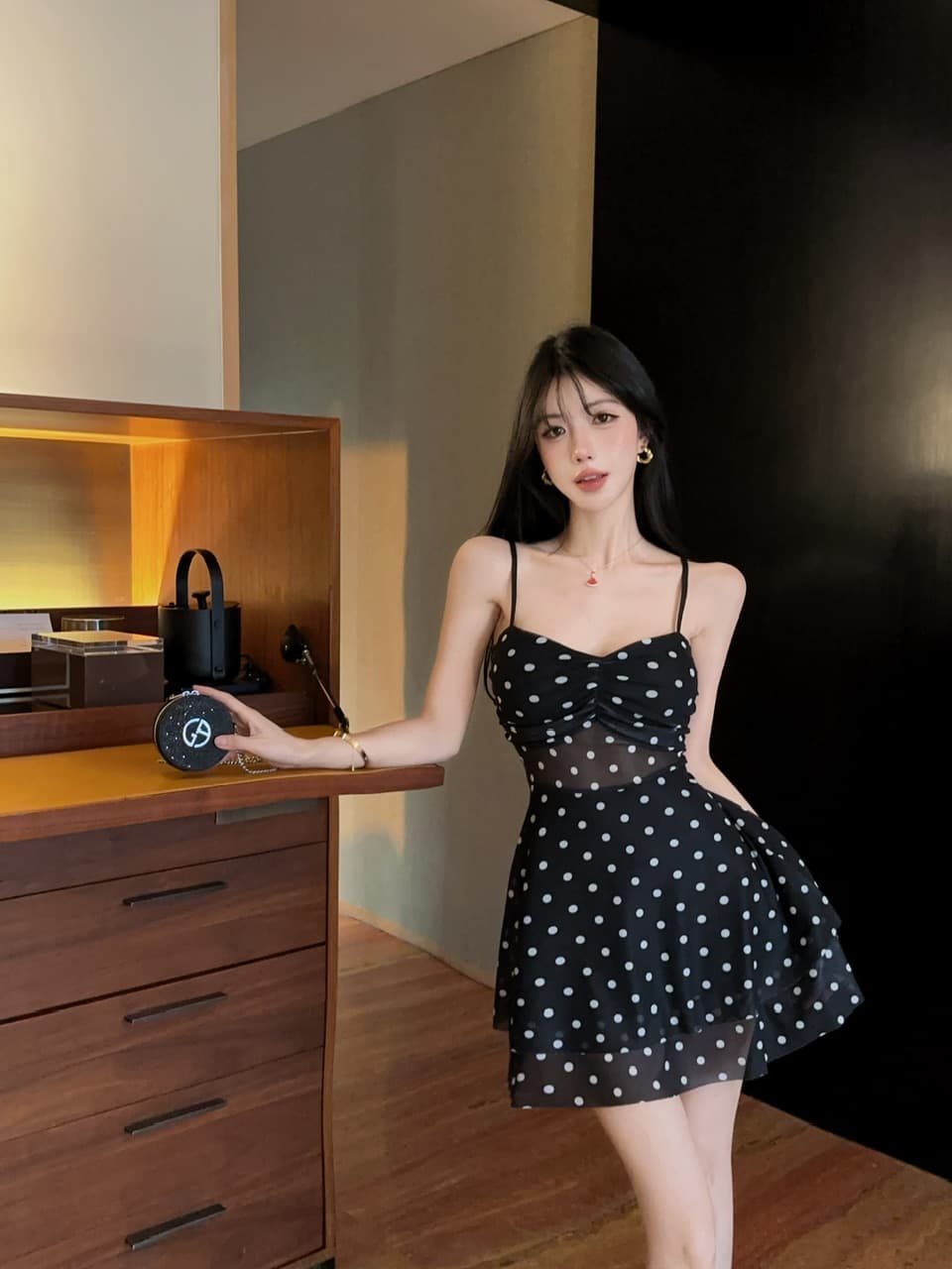 실사 쇼트 스타일 도트 무늬 망사 슬립 드레스 상세 이미지 13