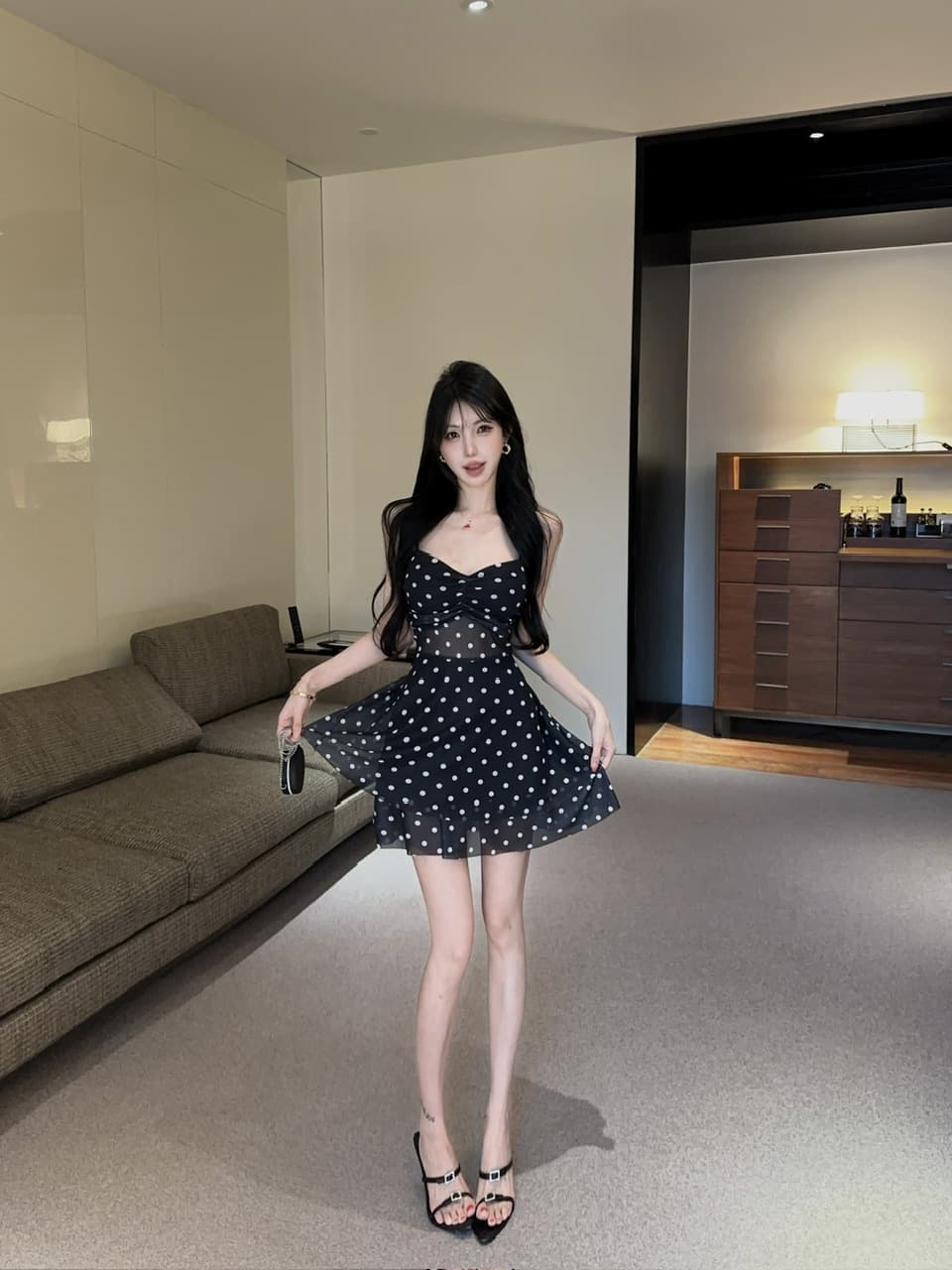 실사 쇼트 스타일 도트 무늬 망사 슬립 드레스 상세 이미지 16