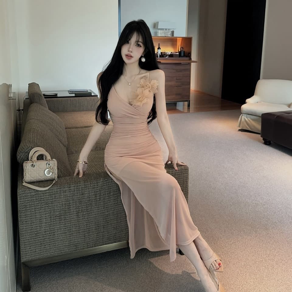 실사 롱 코트 슬립 꽃 패치워크 망사 드레스