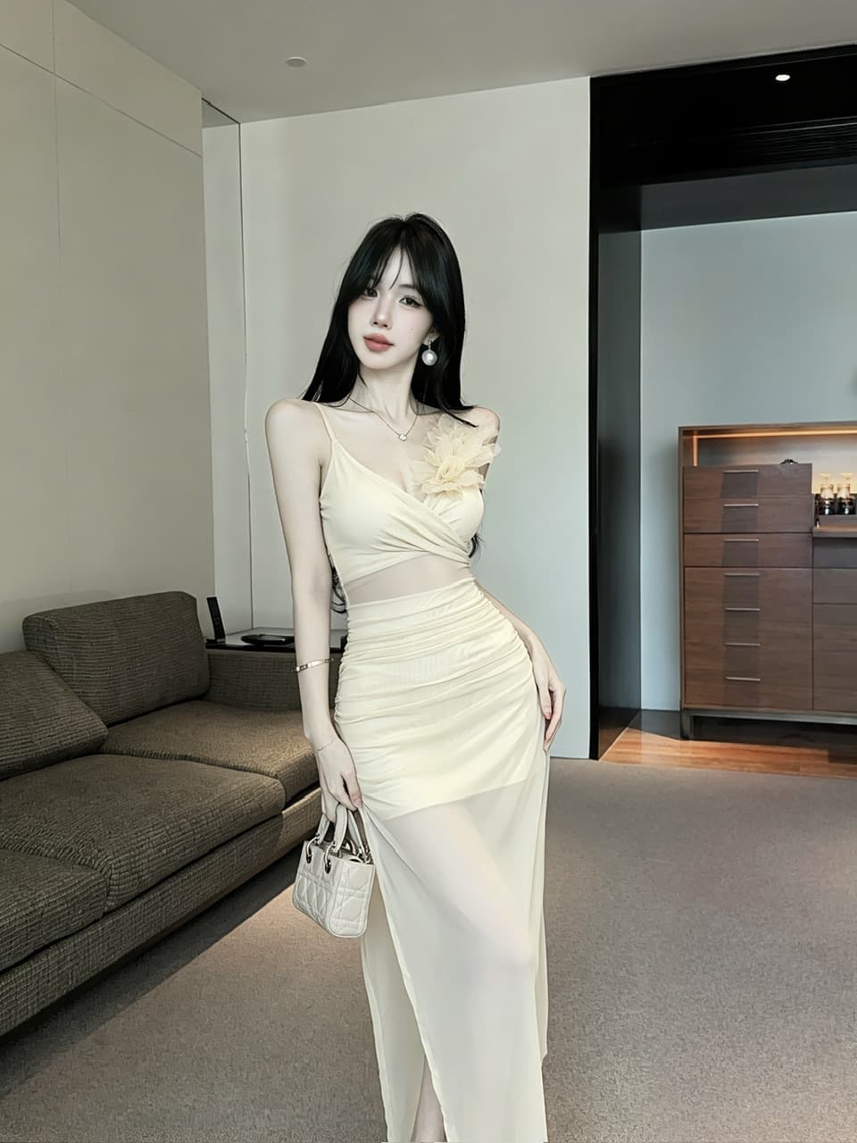 실사 롱 코트 슬립 꽃 패치워크 망사 드레스 상세 이미지 4