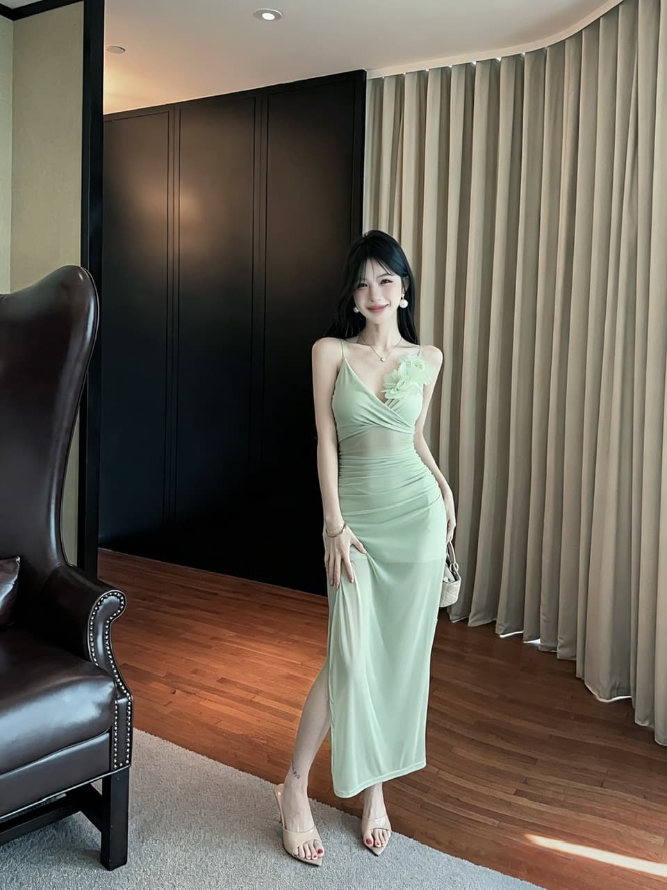 실사 롱 코트 슬립 꽃 패치워크 망사 드레스 상세 이미지 10