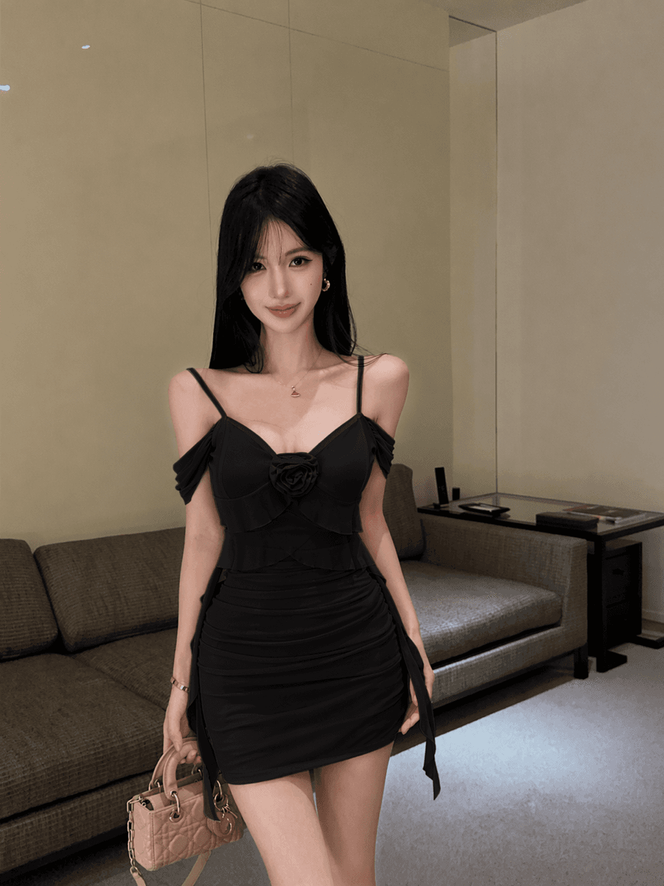 실사 쇼트 스타일 꽃 패치워크 슬립 타이트 스커트 망사 드레스 상세 이미지 1
