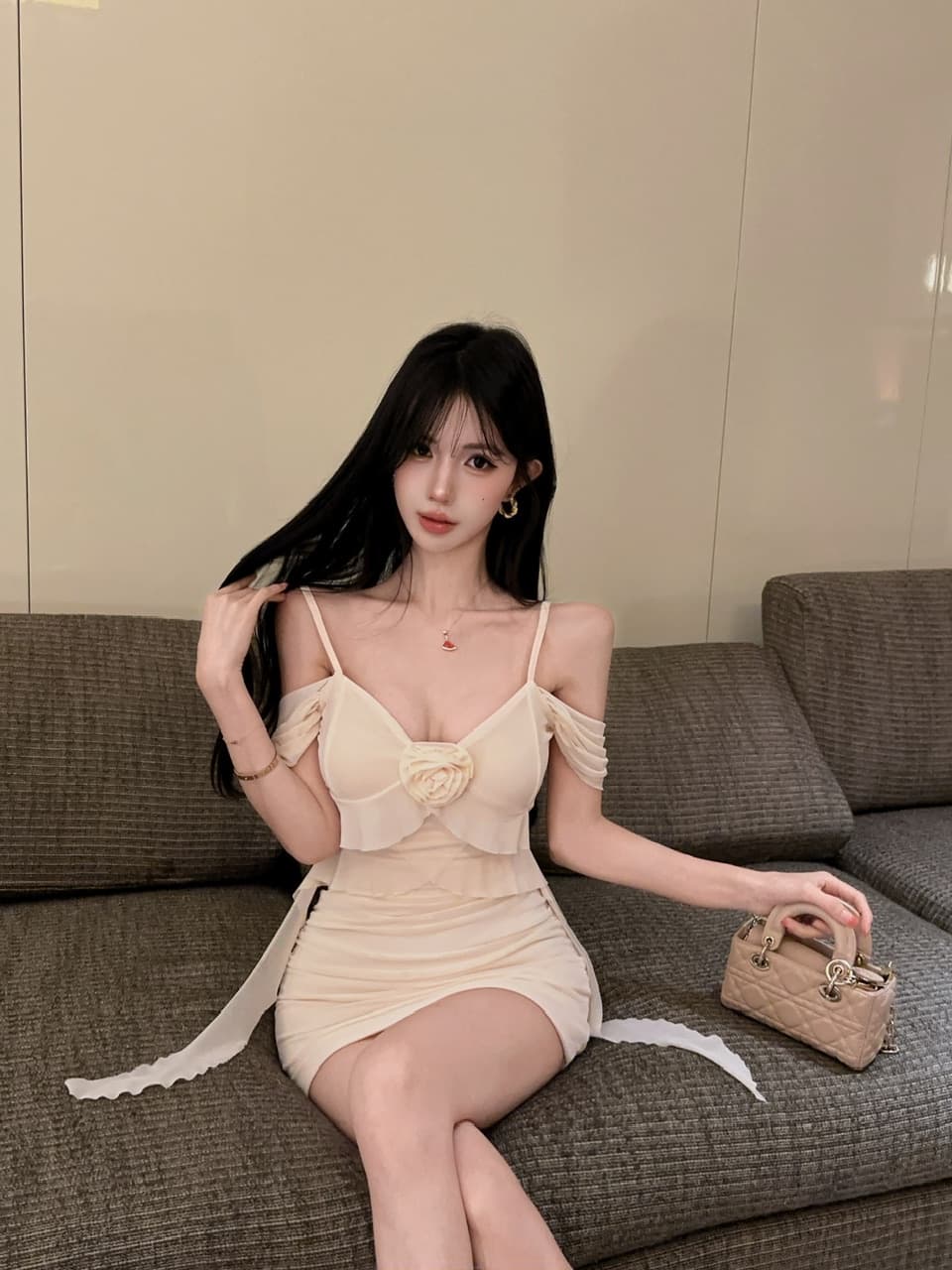 실사 쇼트 스타일 꽃 패치워크 슬립 타이트 스커트 망사 드레스 상세 이미지 11