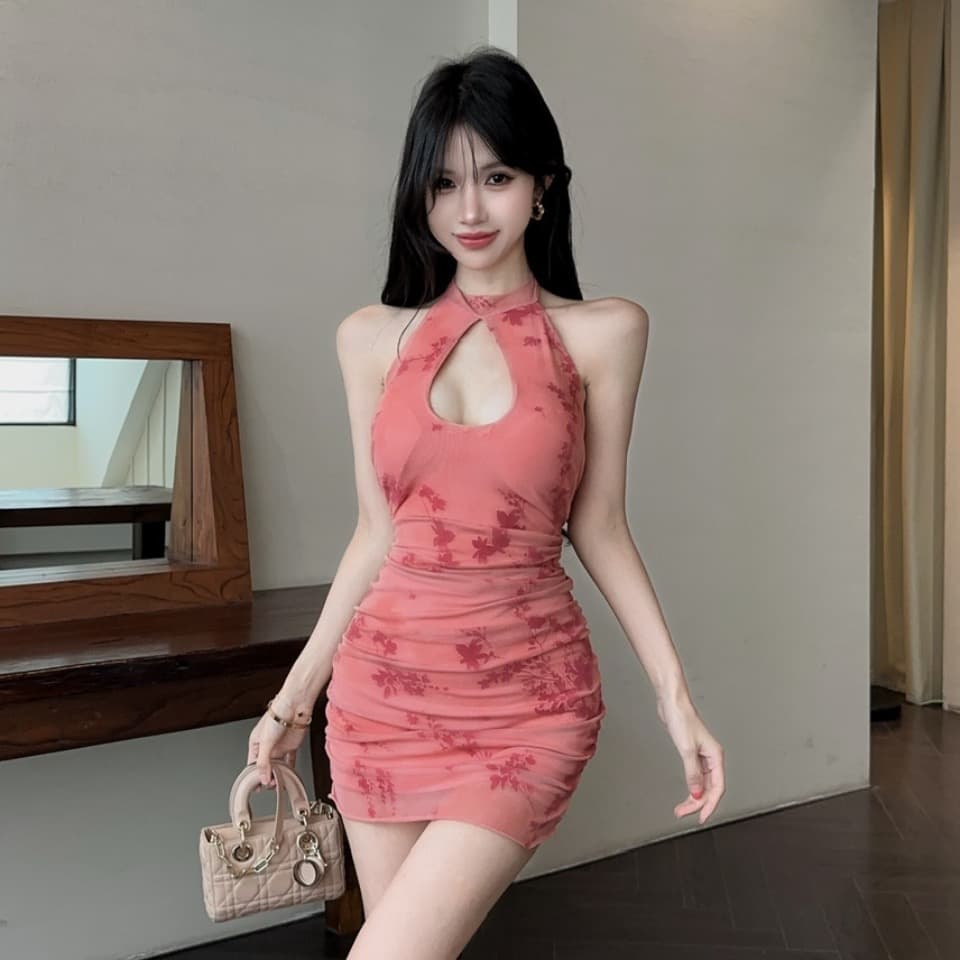 실사 프린트 망사 타이트 스커트 쇼트 스타일 행침 목 드레스
