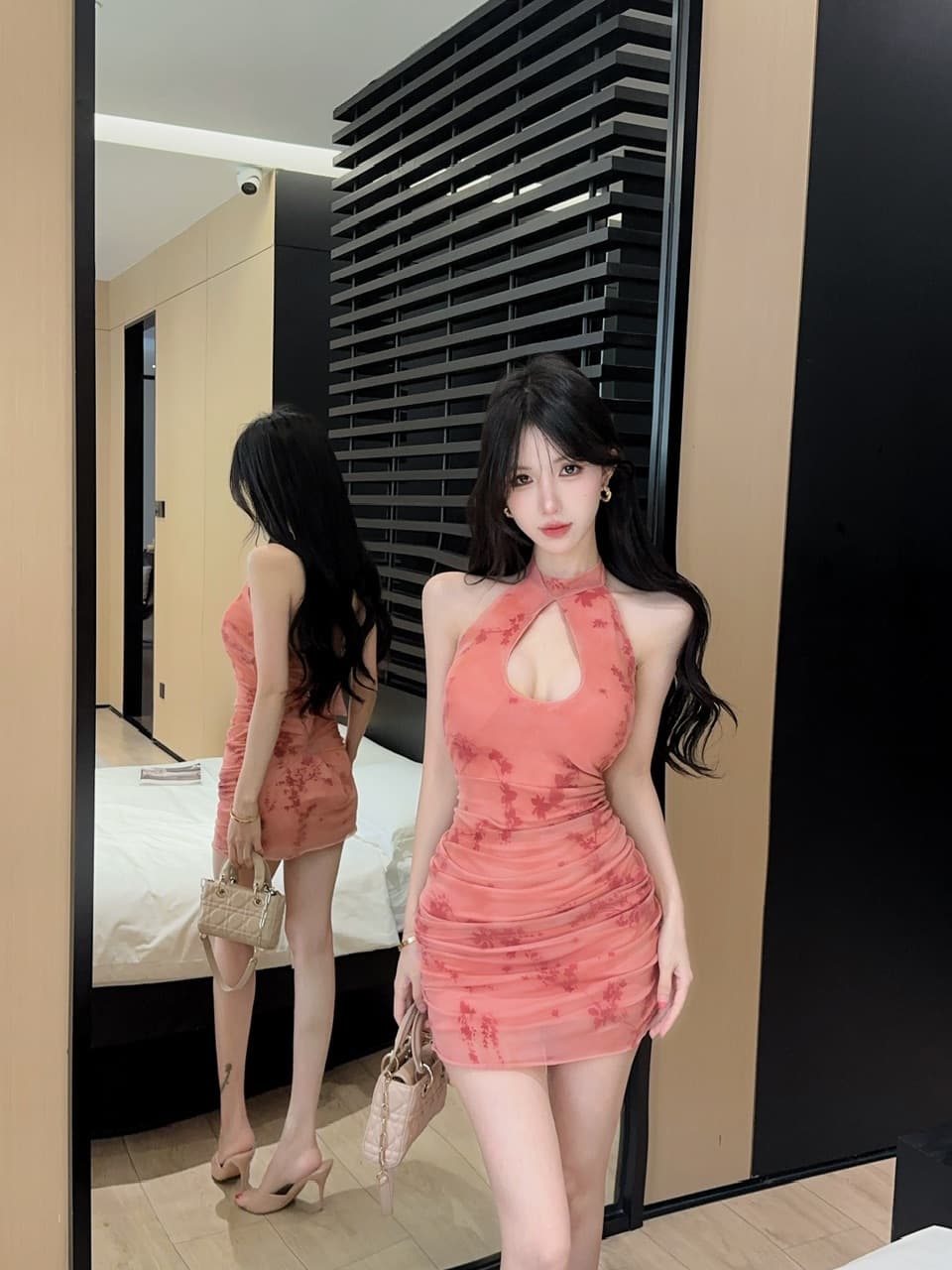 실사 프린트 망사 타이트 스커트 쇼트 스타일 행침 목 드레스 상세 이미지 13