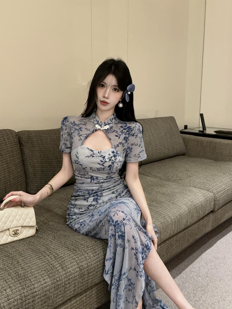 실사 롱 코트 식물 플러시 개선 치파오 드레스 상세 이미지 7