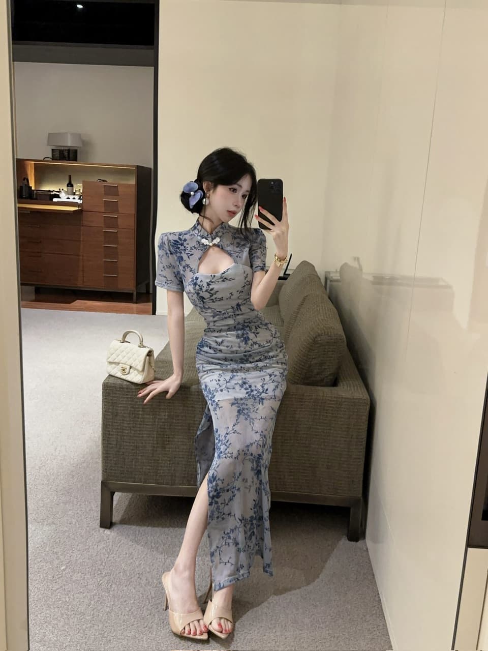 실사 롱 코트 식물 플러시 개선 치파오 드레스 상세 이미지 19