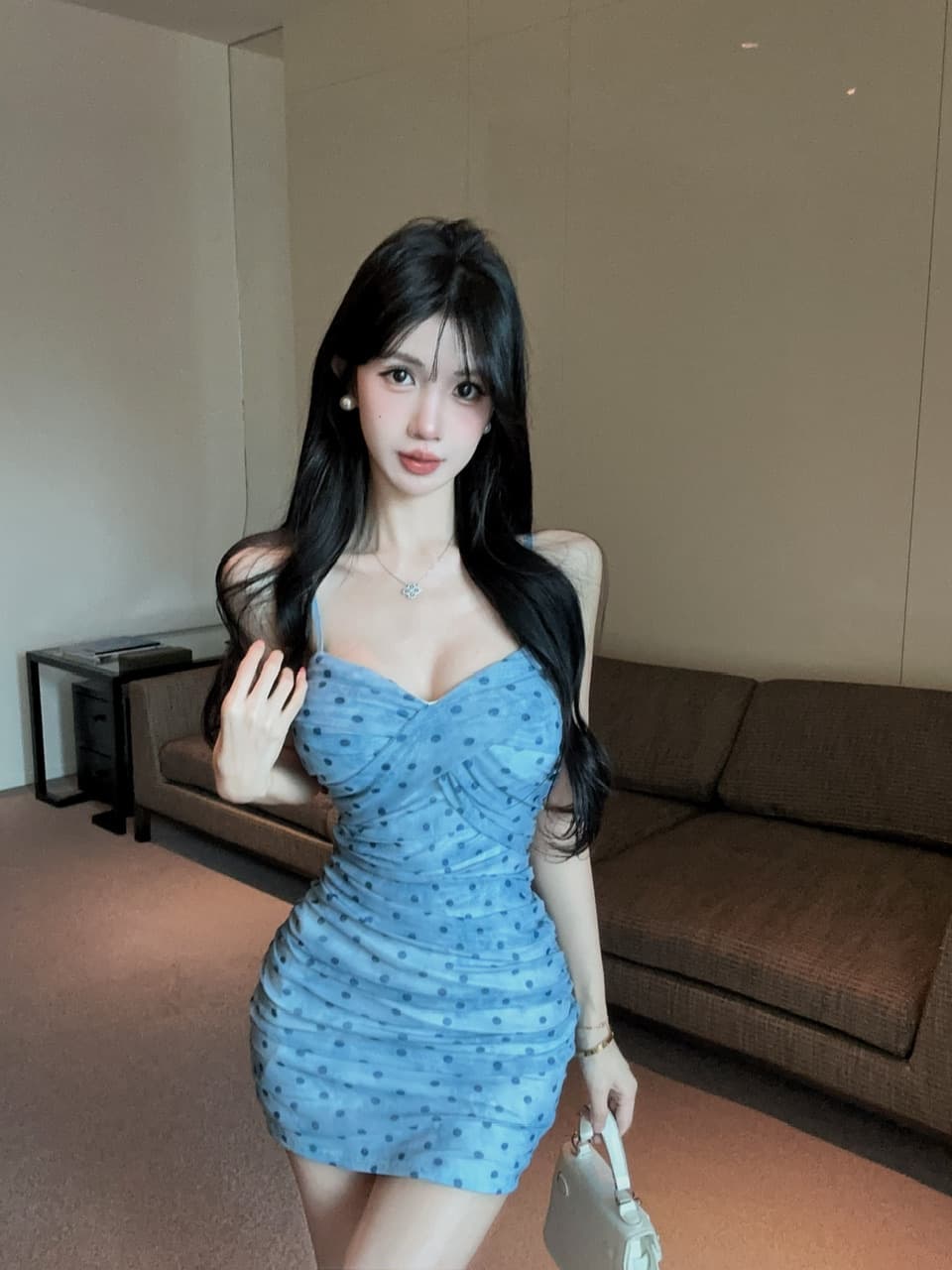 실사 쇼트 스타일 도트 무늬 망사 타이트 스커트 슬립 드레스 상세 이미지 8