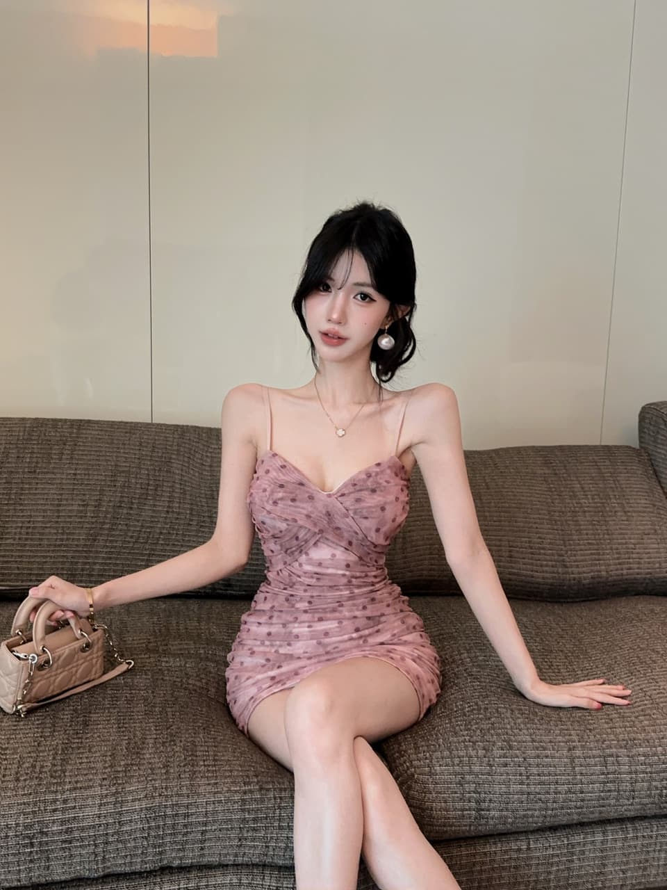 실사 쇼트 스타일 도트 무늬 망사 타이트 스커트 슬립 드레스 상세 이미지 15