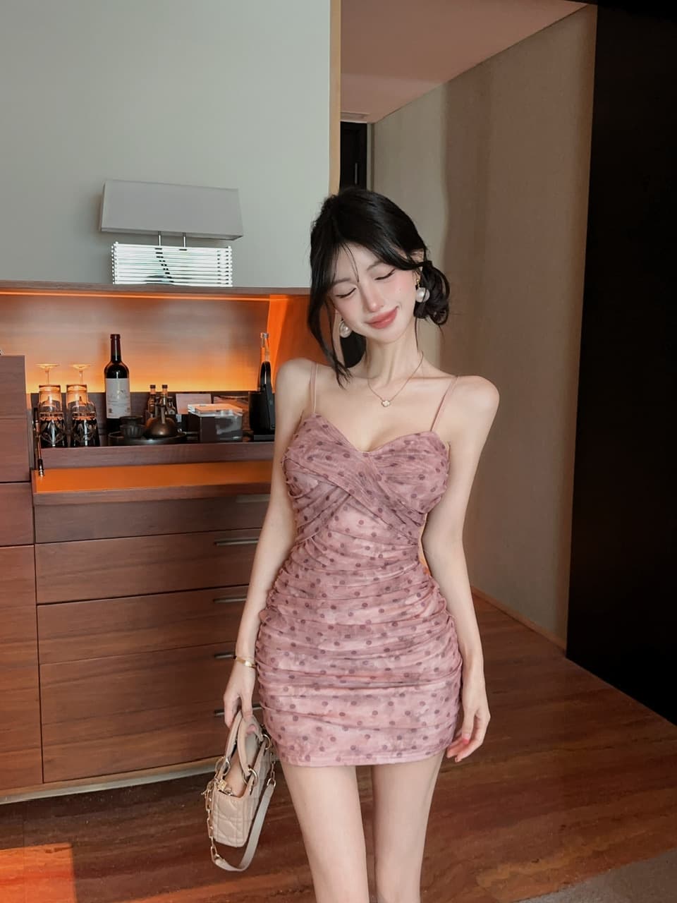 실사 쇼트 스타일 도트 무늬 망사 타이트 스커트 슬립 드레스 상세 이미지 17