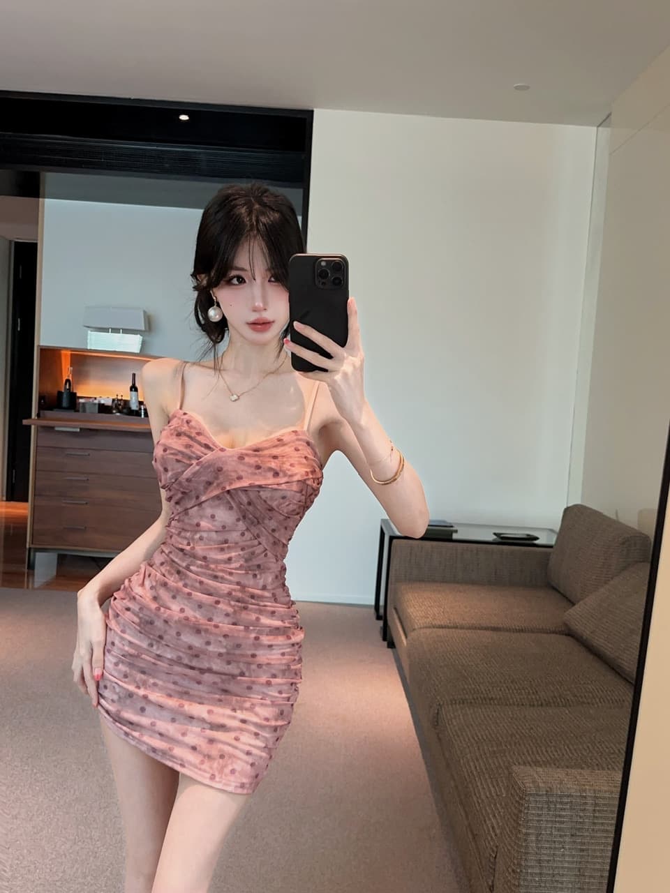 실사 쇼트 스타일 도트 무늬 망사 타이트 스커트 슬립 드레스 상세 이미지 21